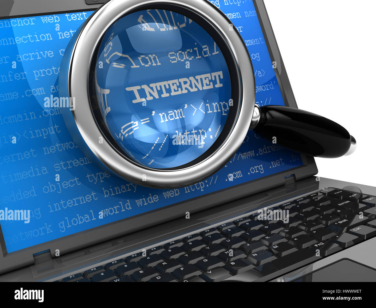 abstract 3d illustration of laptop screen with magnify glass Stock ...