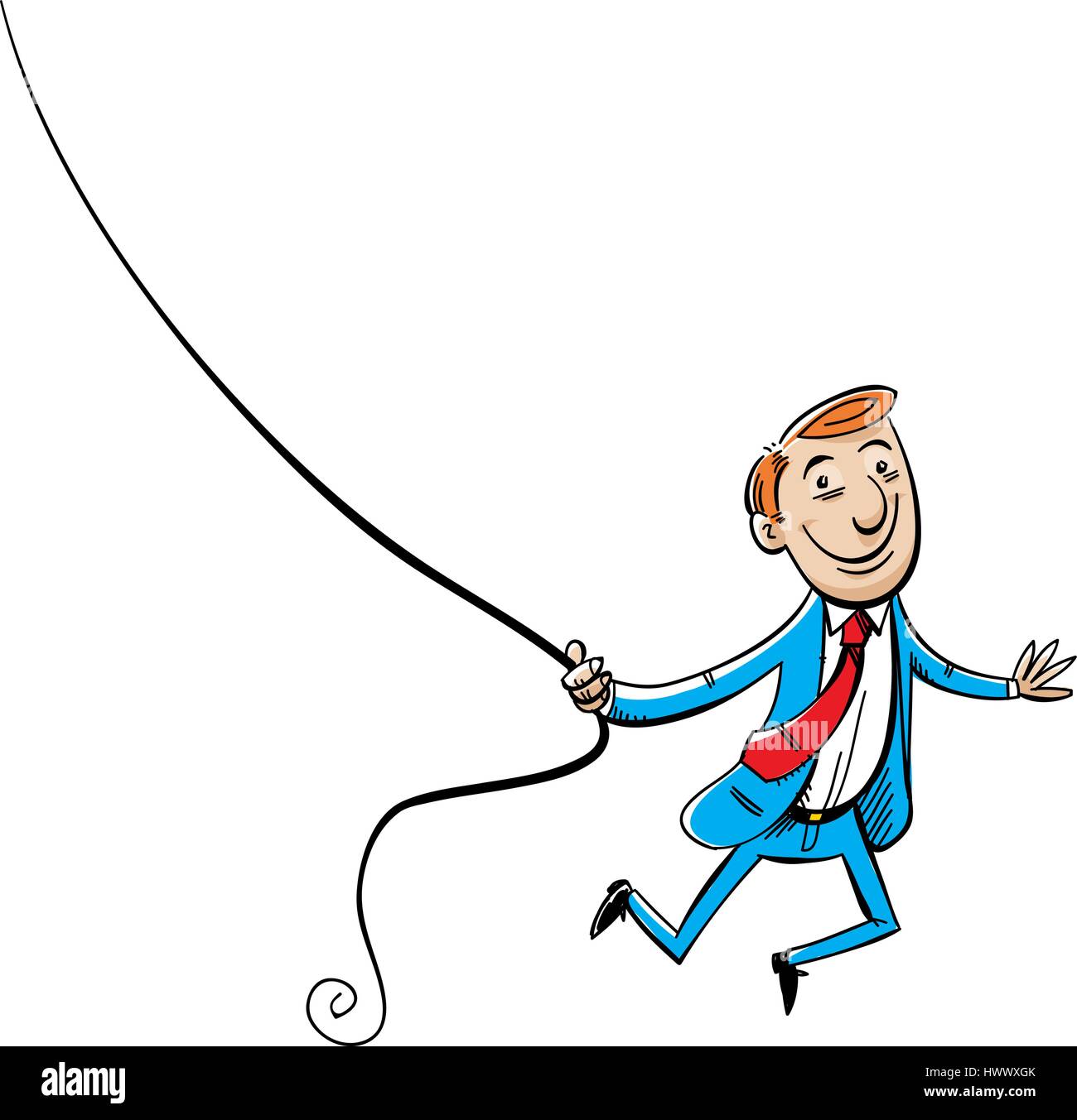 A cartoon of a businessman swinging on a thin, black rope. Stock Vector