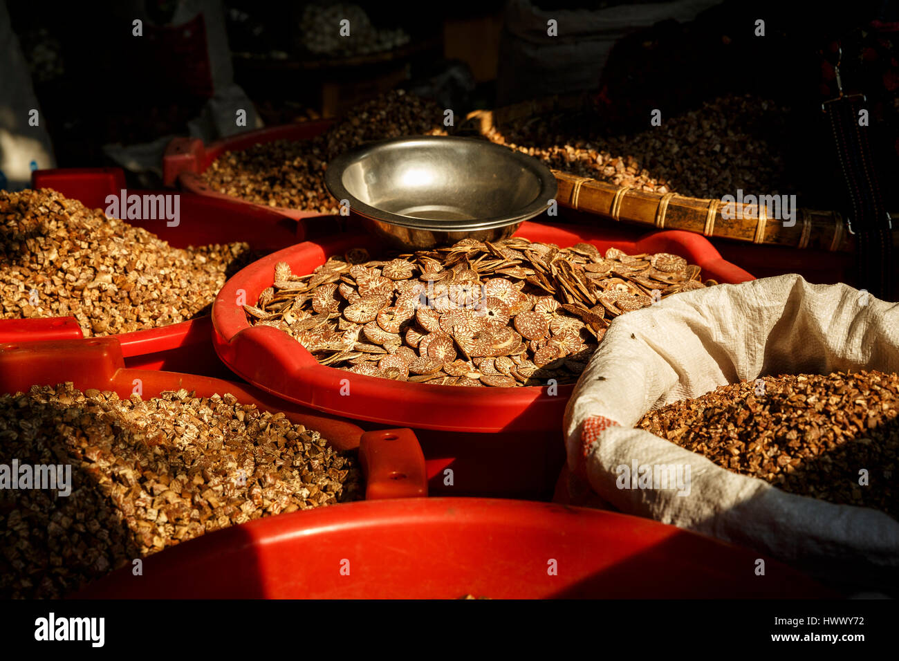 Chopped betel nuts on a market stall, Mandalay, Myanmar Stock Photo