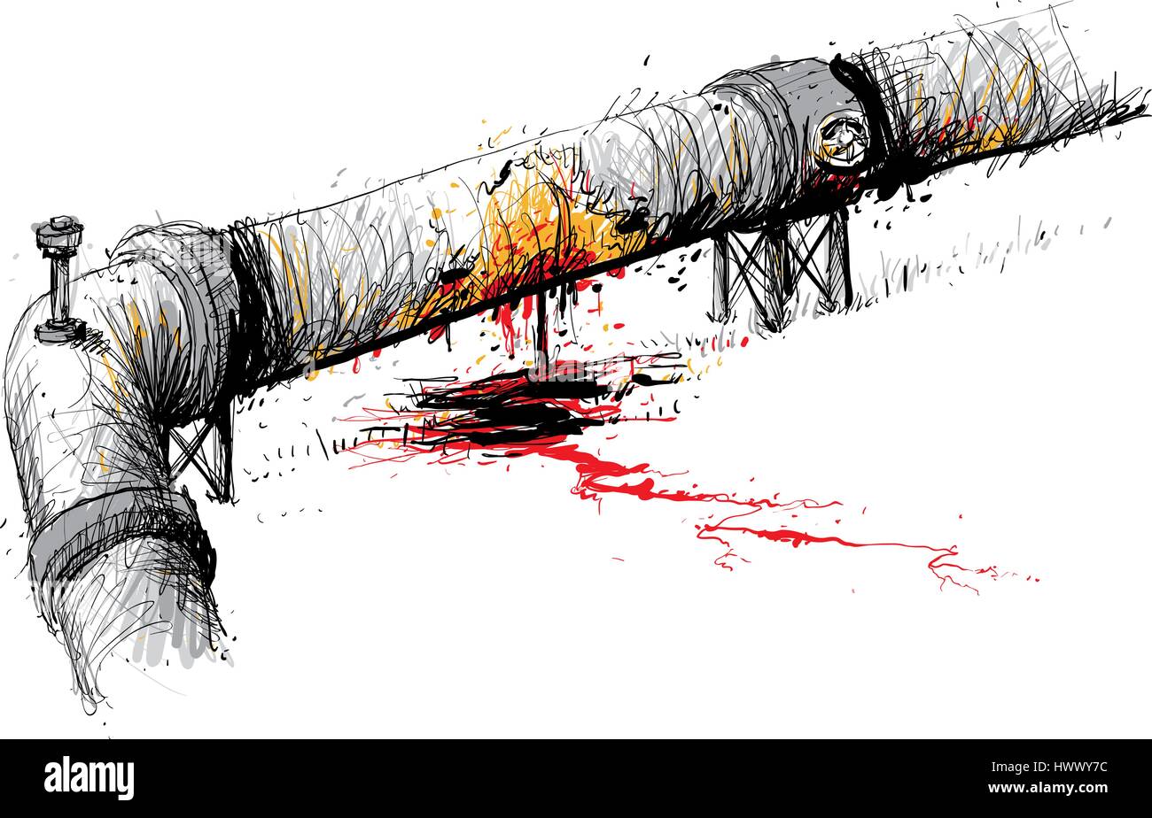 An illustration of a heavy liquids pipeline leaking pollution liquid from a corroded section on to the ground. The liquid flows away from the pipe. Stock Vector