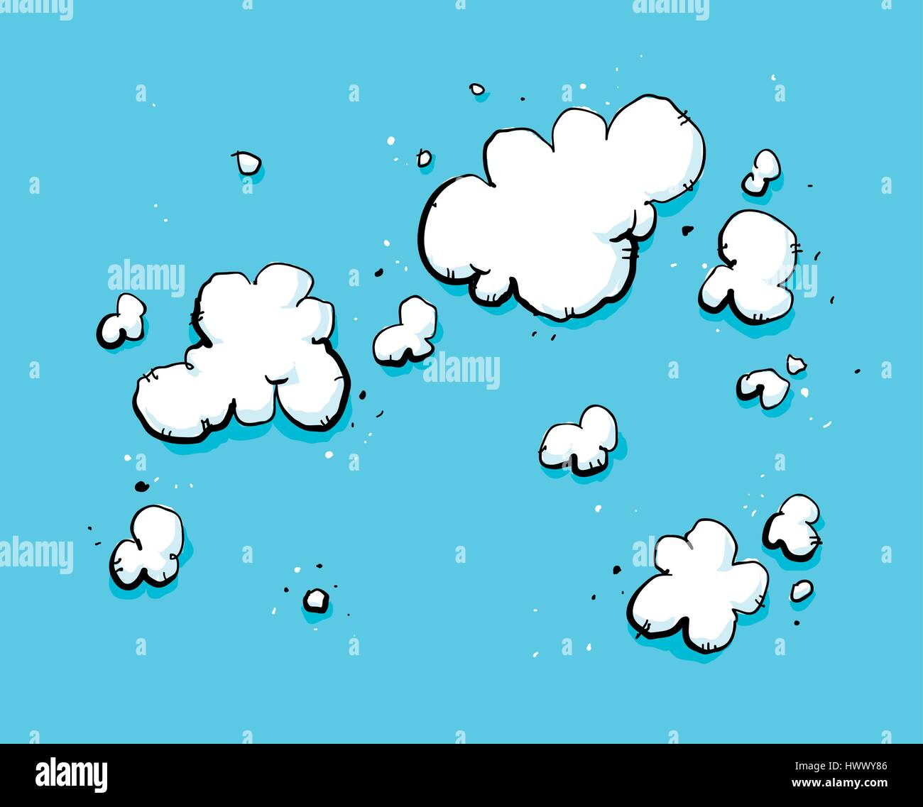 Backdrop cartoon of a deep blue sky with messy, white clouds. Stock Vector