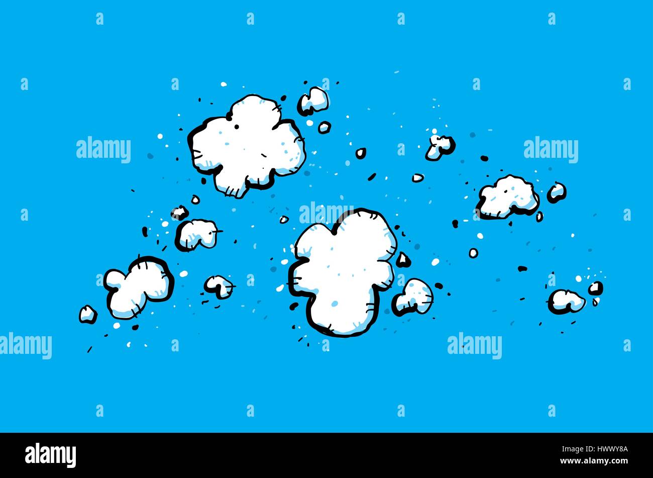 Backdrop cartoon of a deep blue sky with messy, white clouds. Stock Vector