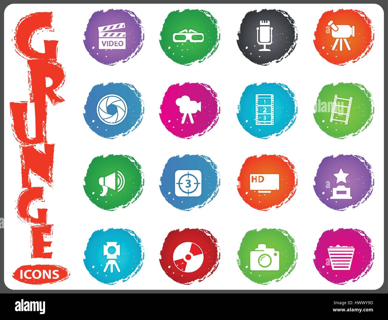Cinema symbol icons for user interface design in grunge style Stock ...