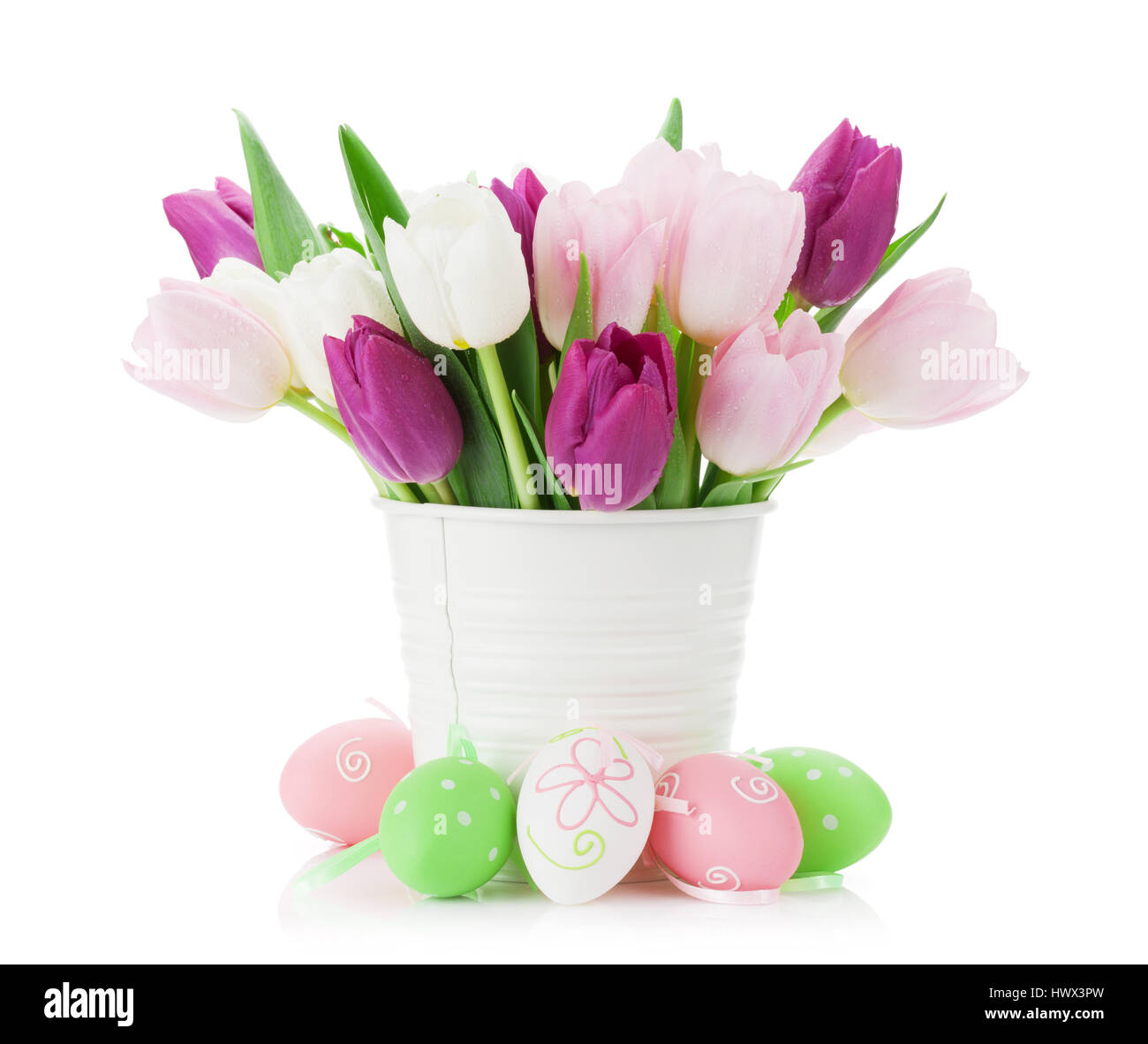 Colorful tulips and easter eggs. Isolated on white background Stock ...