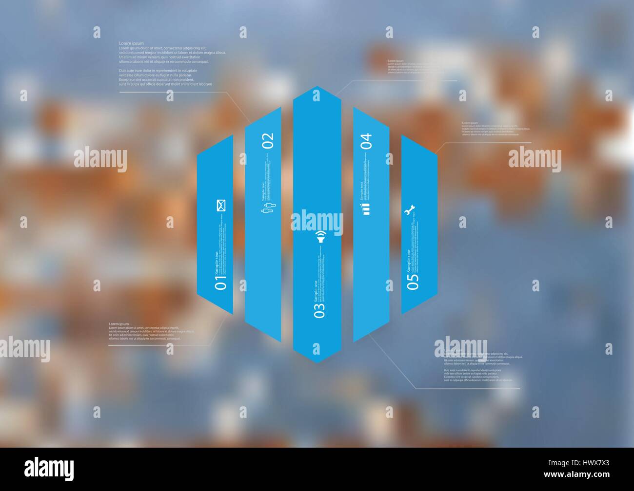 Illustration infographic template with motif of hexagon vertically divided to five blue standalone sections. Blurred photo with texture motif of worn  Stock Vector