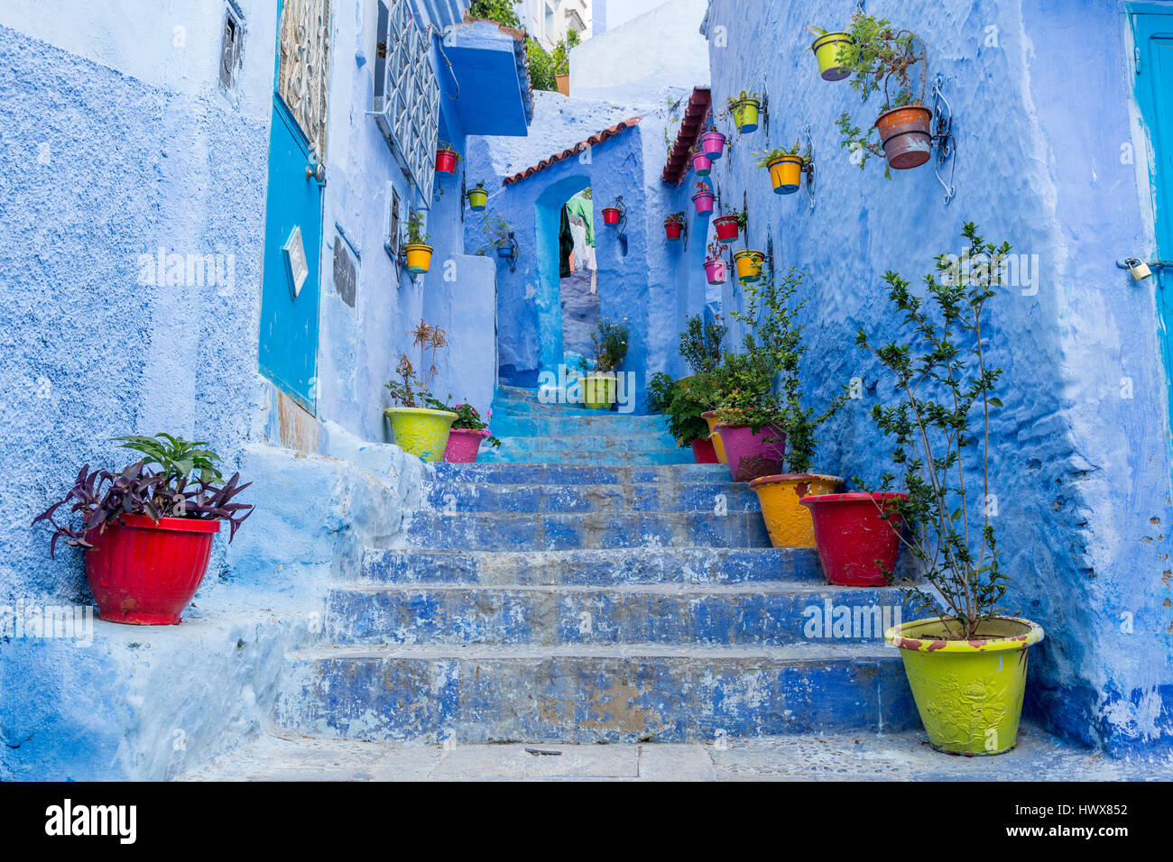 Chefchaouen, Morocco.  Flower Pots Line Steps Leading to a House  in the Medina. Stock Photo