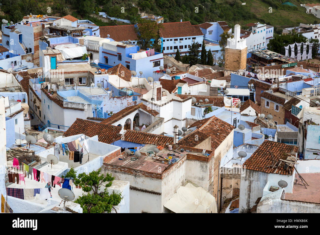 Chefchaouen, Morocco.  Rooftops in the Medina, Showing Many Satellite Dishes. Stock Photo