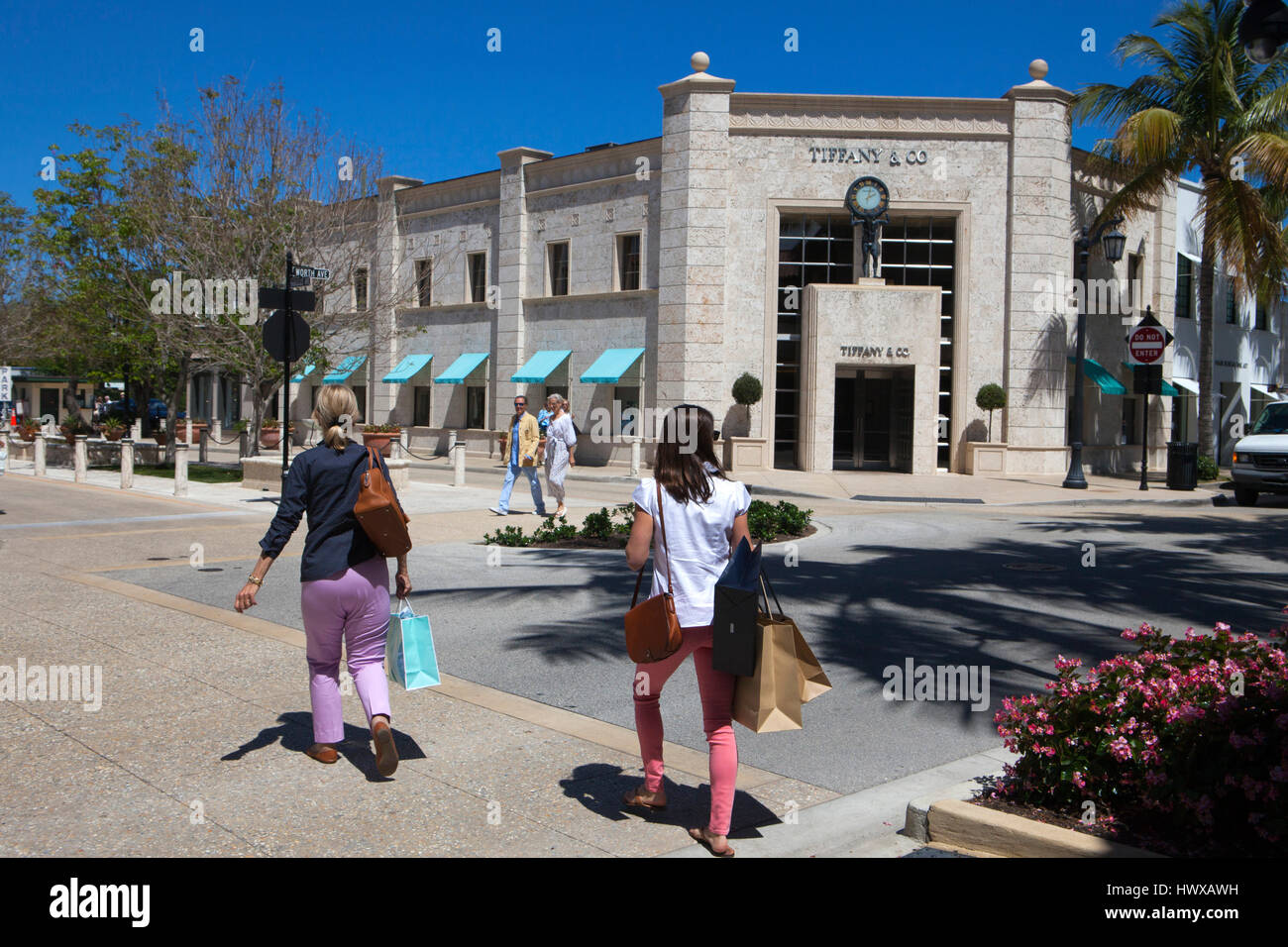 Worth Avenue, in Palm Beach, is one of the premier upscale shopping streets in the world. Distinguishing Worth Avenue are smaller, architecturally sig Stock Photo