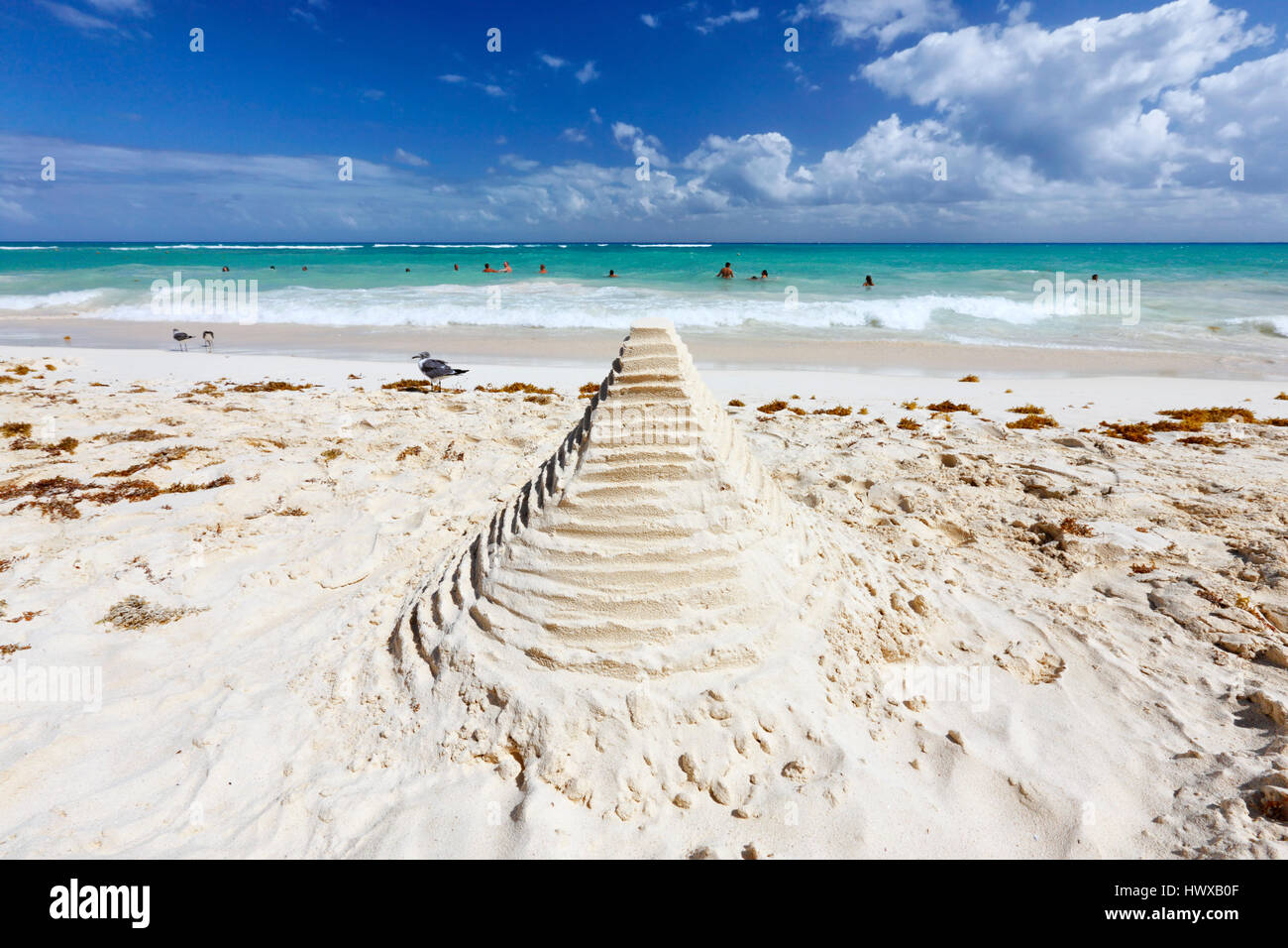 Mayan Pyramid on the sand beach in Mexico Stock Photo