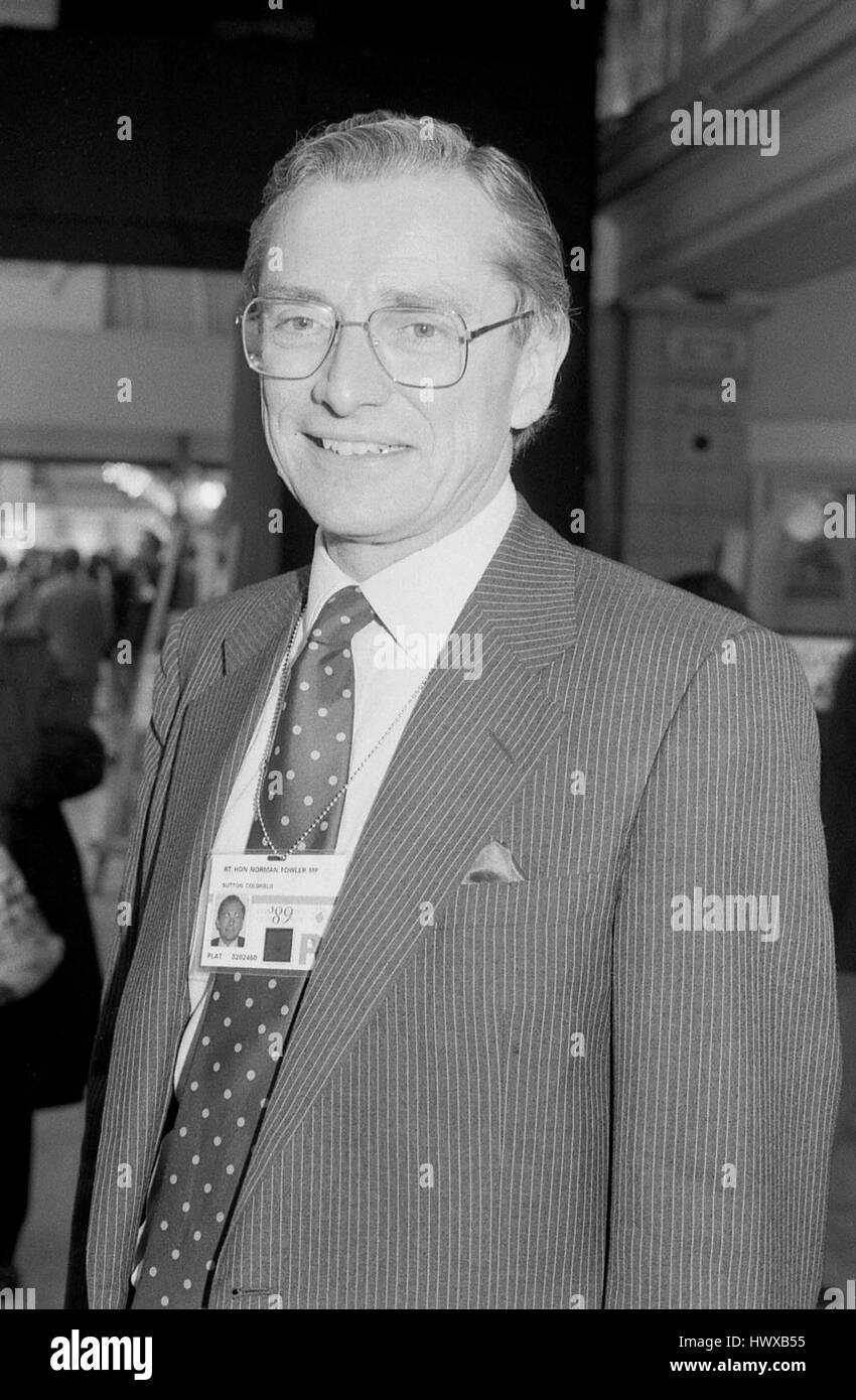 Rt. Hon. Norman Fowler, Secretary of State for Employment and Conservative party Member of Parliament for Sutton Coldfield, attends the party conference in Blackpool, England on October 10, 1989. Stock Photo