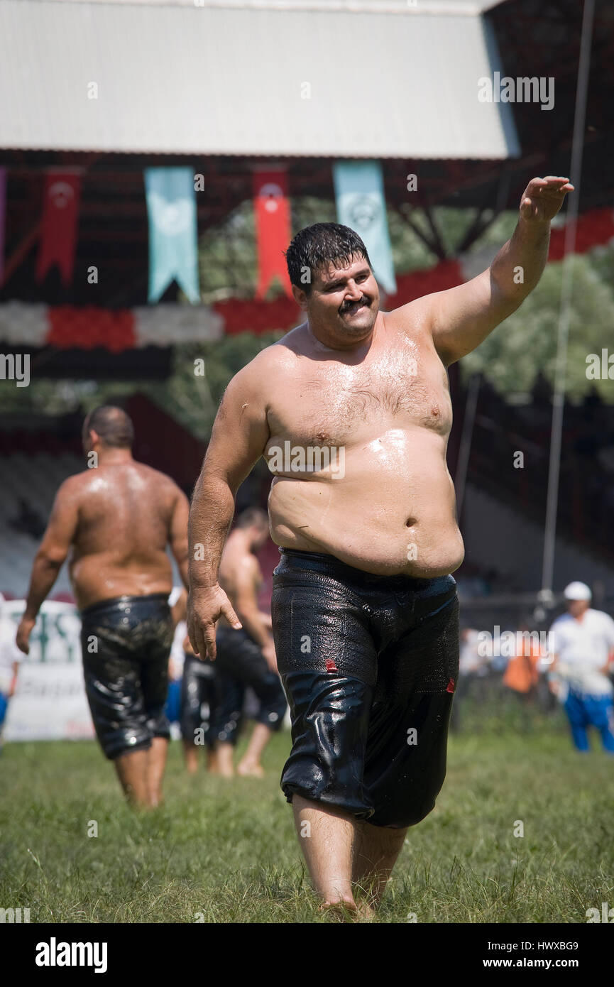 TURKEY, EDIRNE: Historical "Kirkpinar Oil Wrestling" is the world's oldest sporting event after the Olympics, which has been continuing since the firs Stock Photo