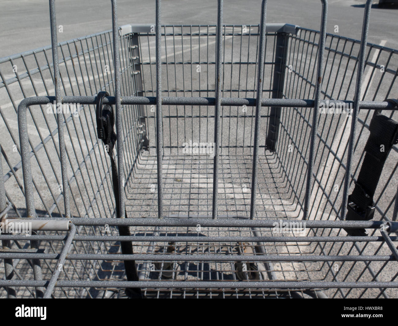 Closeup view of a shopping cart outside. Stock Photo