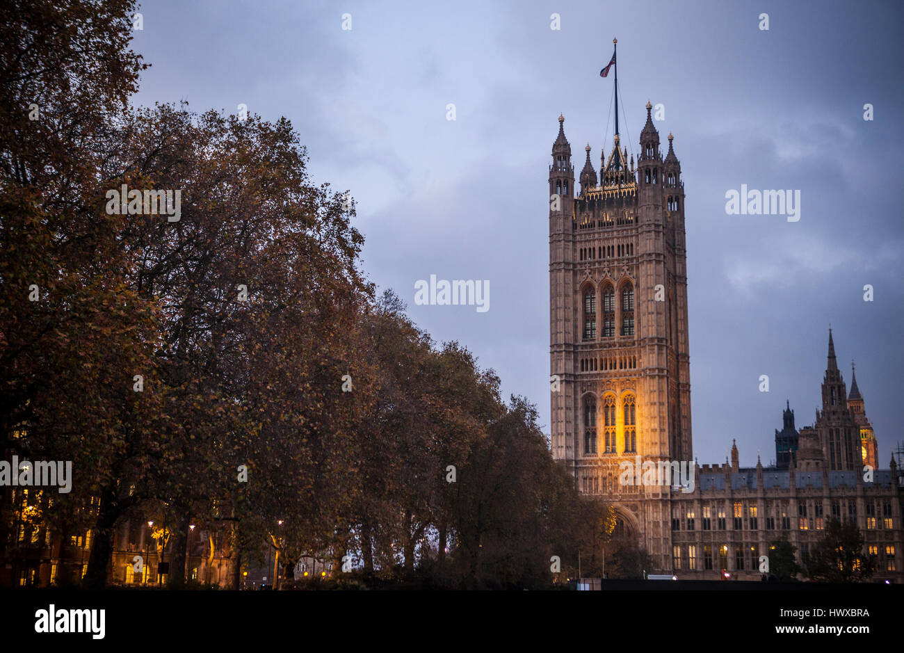 Victoria Tower in London from Victoria Tower Gardens along the Thames river. Stock Photo