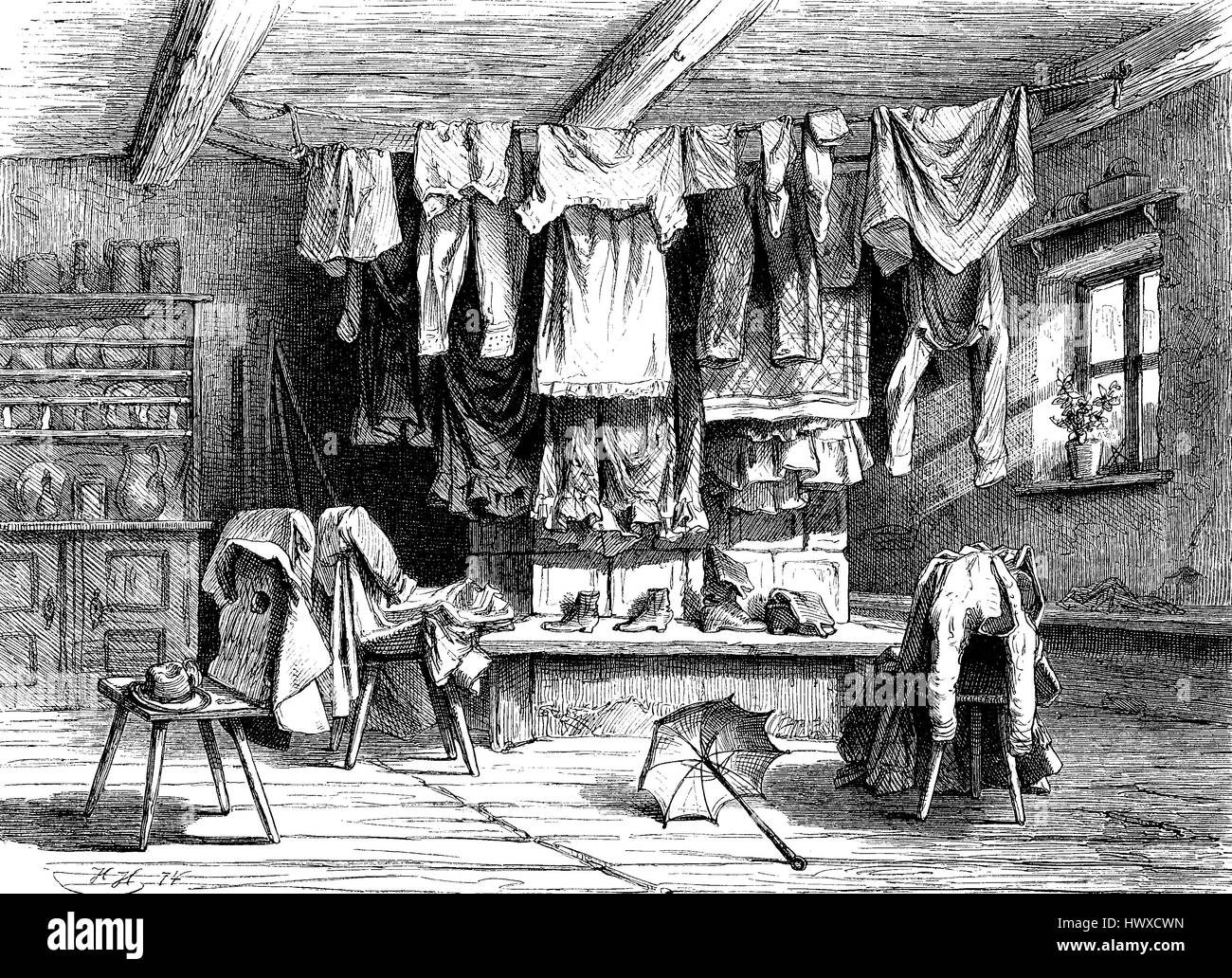 Wet still life in the bavarian alps, laundry was hung up to dry in the room, Bavaria, Germany, reproduction of an image, woodcut from the year 1881, digital improved Stock Photo