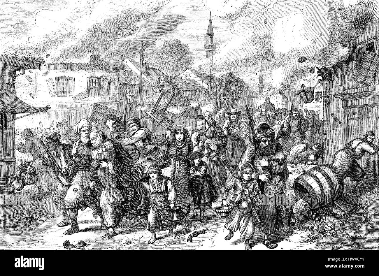 Escape of the inhabitants during a bombardment of Ruse, also transliterated as Rousse, Russe or Rustchuk, Bulgaria, military officers revolted in Ruse, 1886, reproduction of an image, woodcut from the year 1881, digital improved Stock Photo