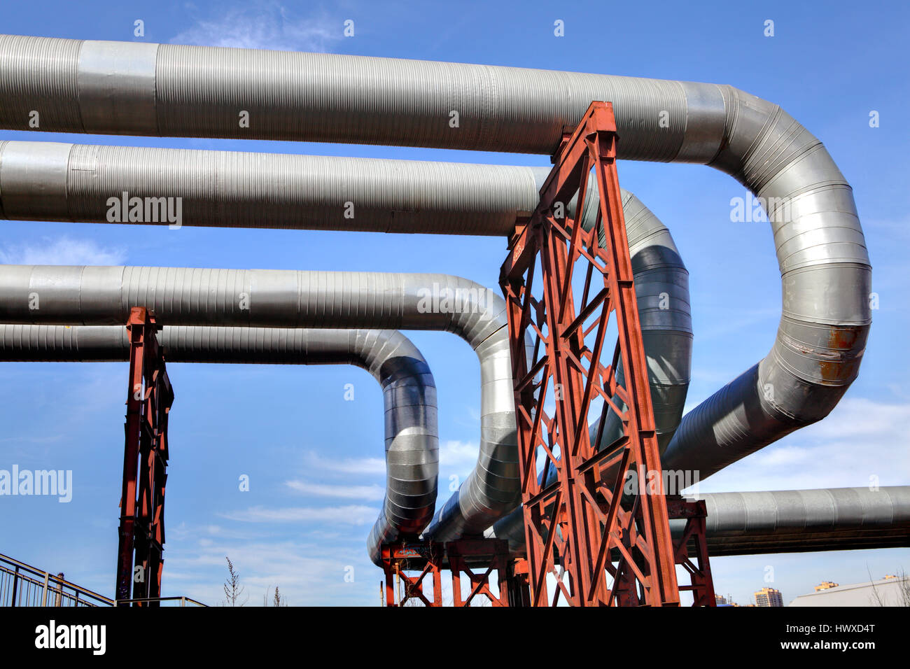 Overground network pipeline of heat, Hot water heating duct Stock Photo