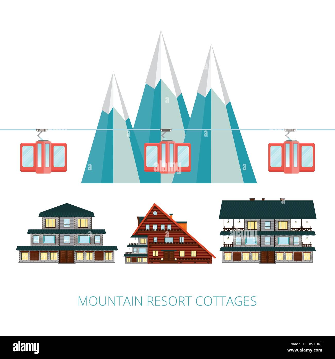 Winter resort banner vector illustration . Wooden cottages  on background snowy mountain landscape . Funicular railway . Ski cable car . Stock Vector