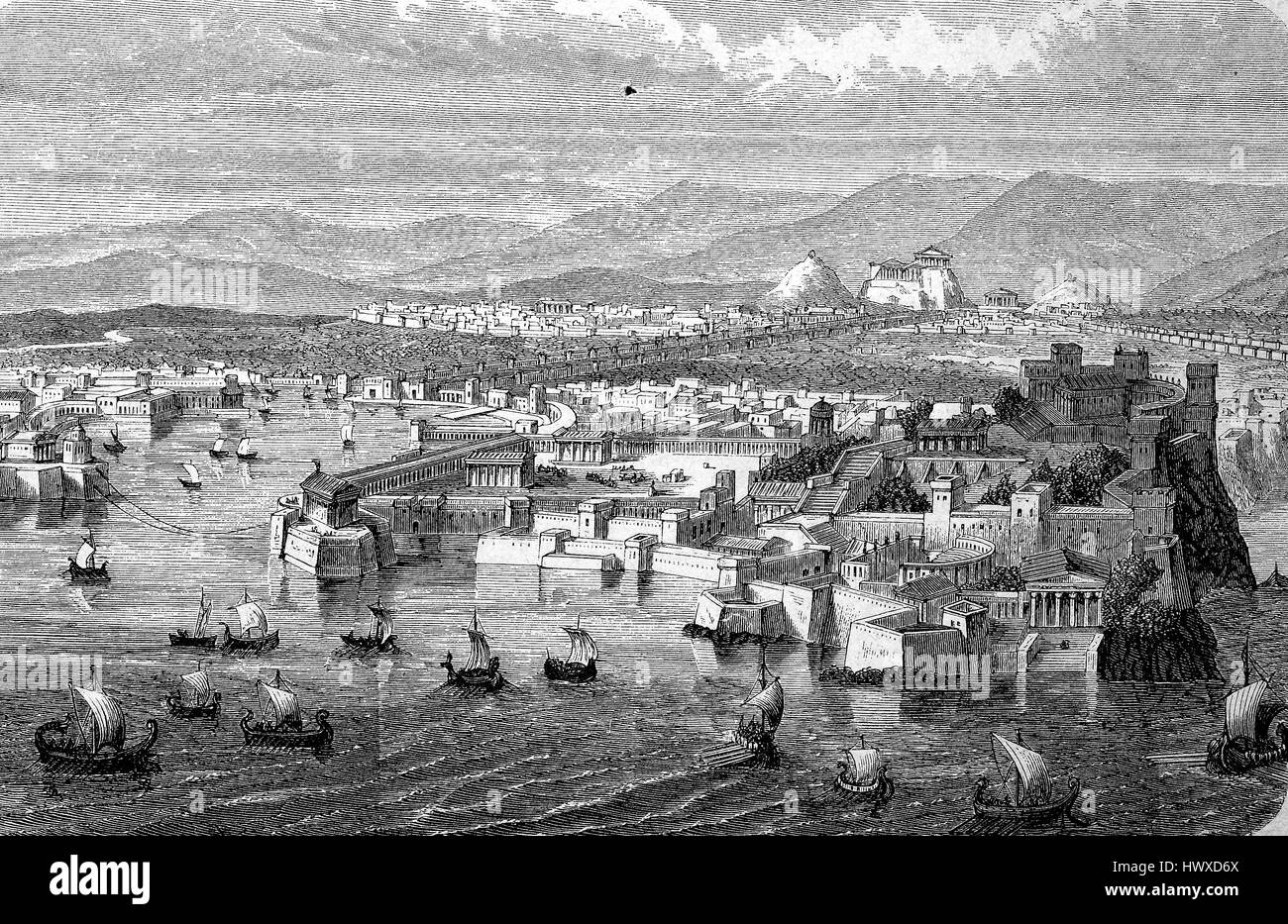 Athens in ancient times, seen from Piraeus, Greece, reproduction of an image, woodcut from the year 1881, digital improved Stock Photo