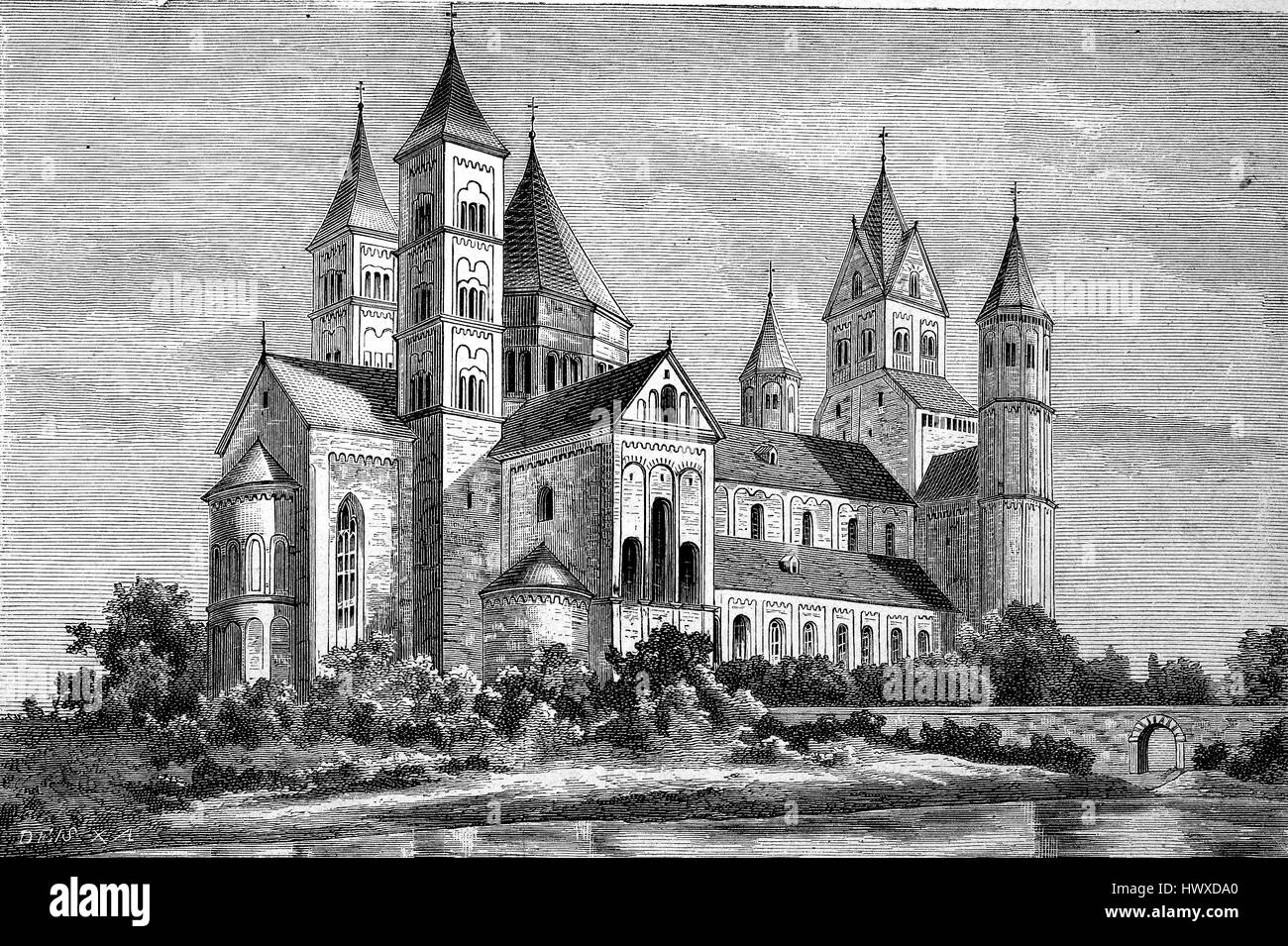 Maria Laach Abbey is a Benedictine abbey situated on the southwestern shore of the Laacher See, Lake Laach, near Andernach, in the Eifel region of the Rhineland-Palatinate in Germany, reproduction of an image, woodcut from the year 1881, digital improved Stock Photo