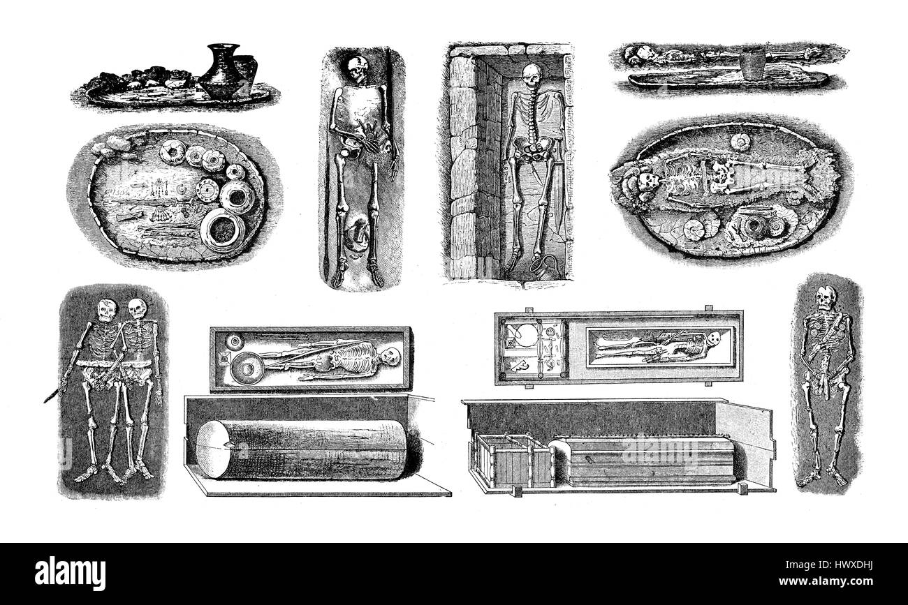 Engraving reproducing prehistorical funeral cave, subterranean chambers and tombs of Celtic people found in Germany Stock Photo