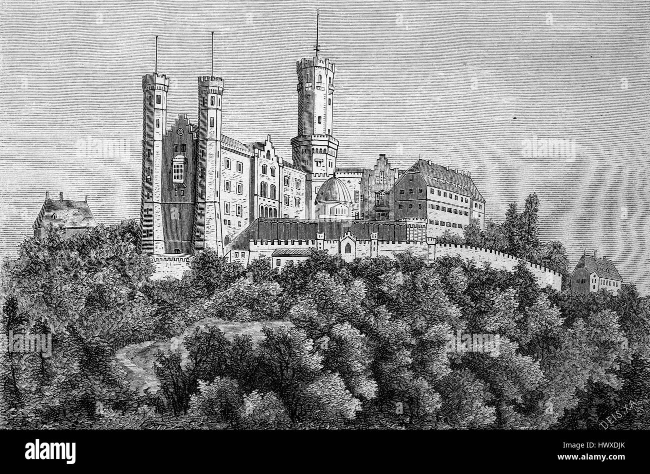 Schaumburg Castle, German - Schloss Schaumburg, is a castle in Rhineland-Palatinate, Germany,, reproduction of an image, woodcut from the year 1881, digital improved Stock Photo