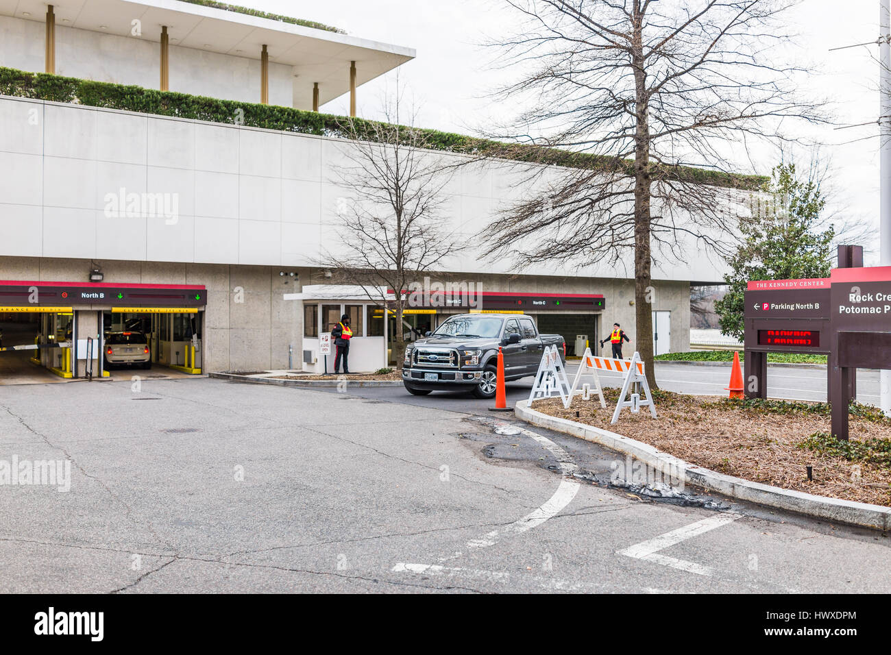 Washington DC, USA - March 20, 2017: Kennedy Center sign with parking