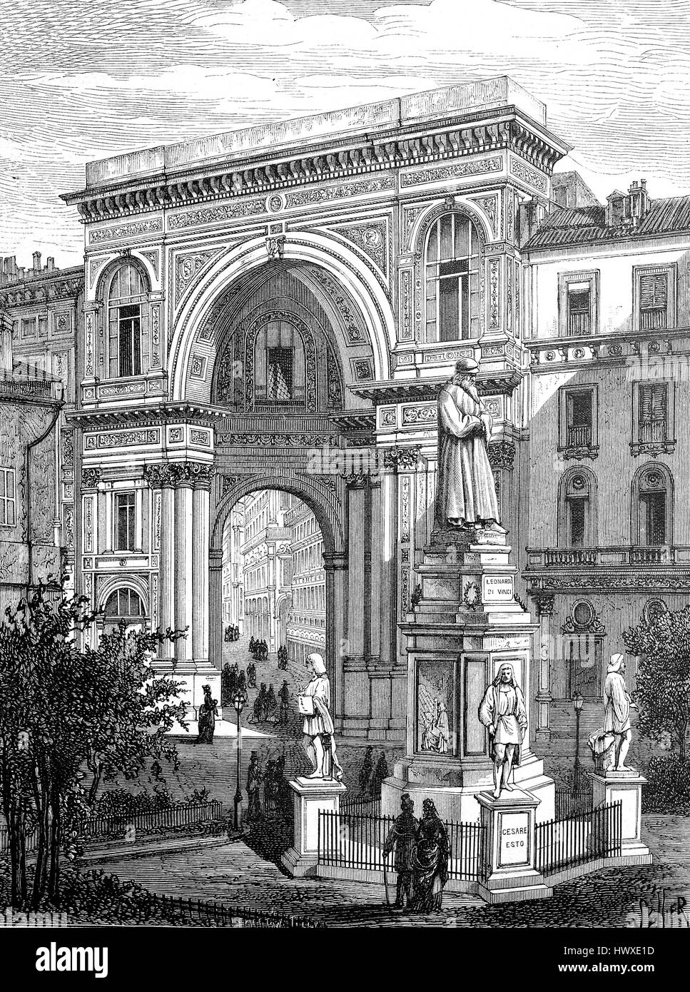 The monument of Leonardo da Vinci in front of the entrance to the Victor Emanuel Gallery in Milan, Italy, reproduction of an image, woodcut from the year 1881, digital improved Stock Photo