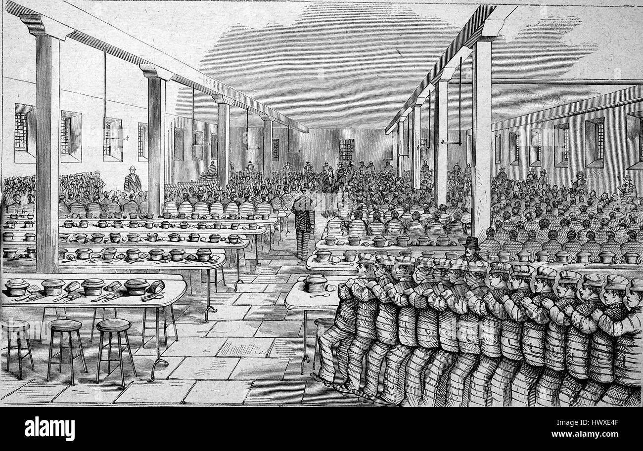 The dining-hall of the prison sing-sing in the state of New York, America, reproduction of an image, woodcut from the year 1881, digital improved Stock Photo