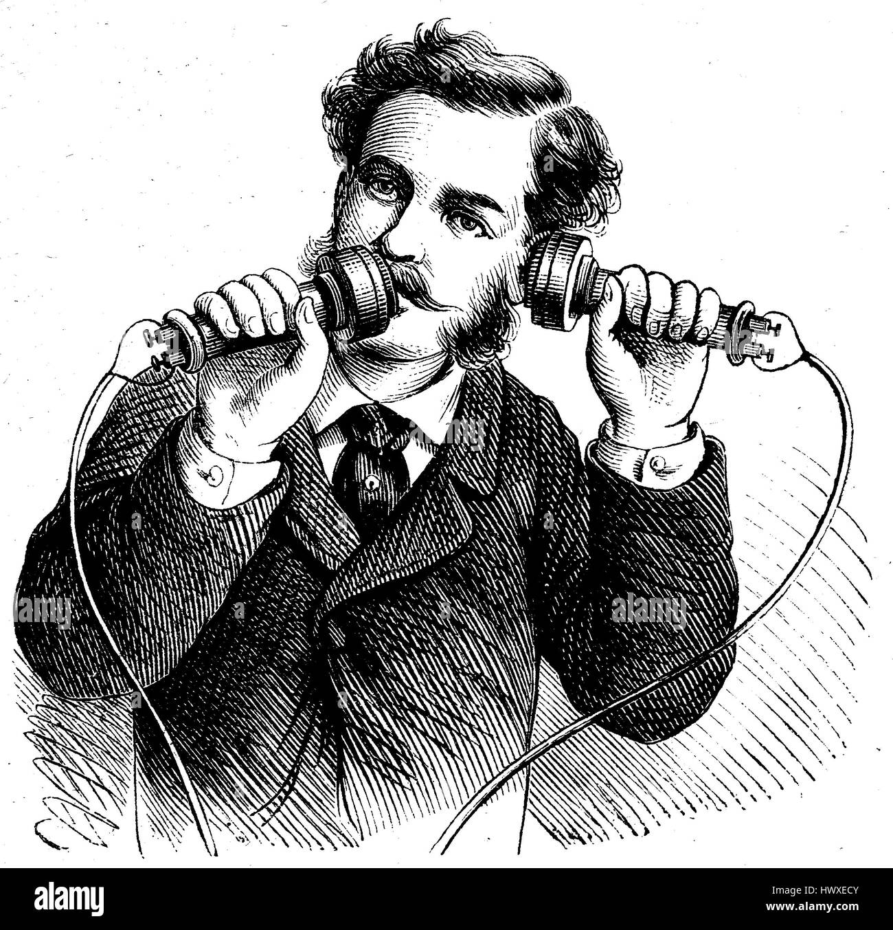 Man demonstrates the practical application of the phone, reproduction of an image, woodcut from the year 1881, digital improved Stock Photo