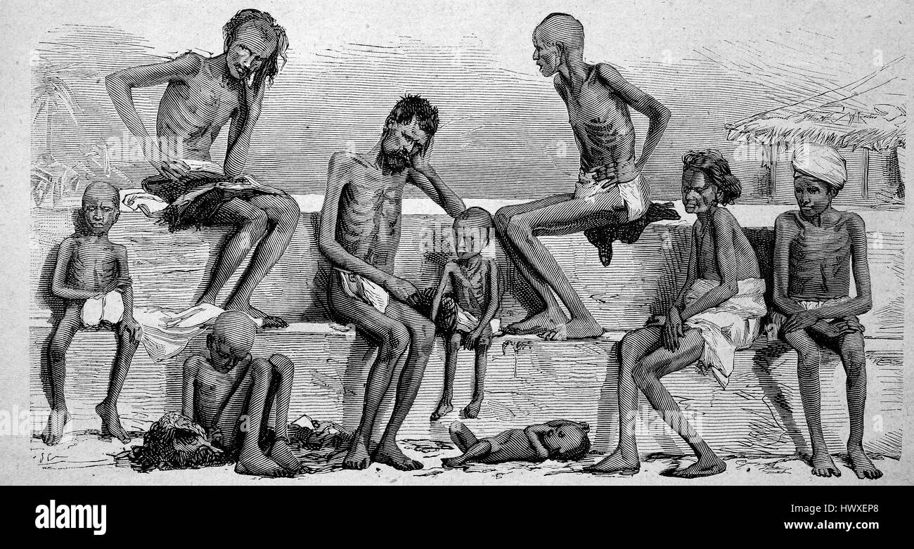 Starving natives in the presidency of Madras, East India, reproduction of an image, woodcut from the year 1881, digital improved Stock Photo