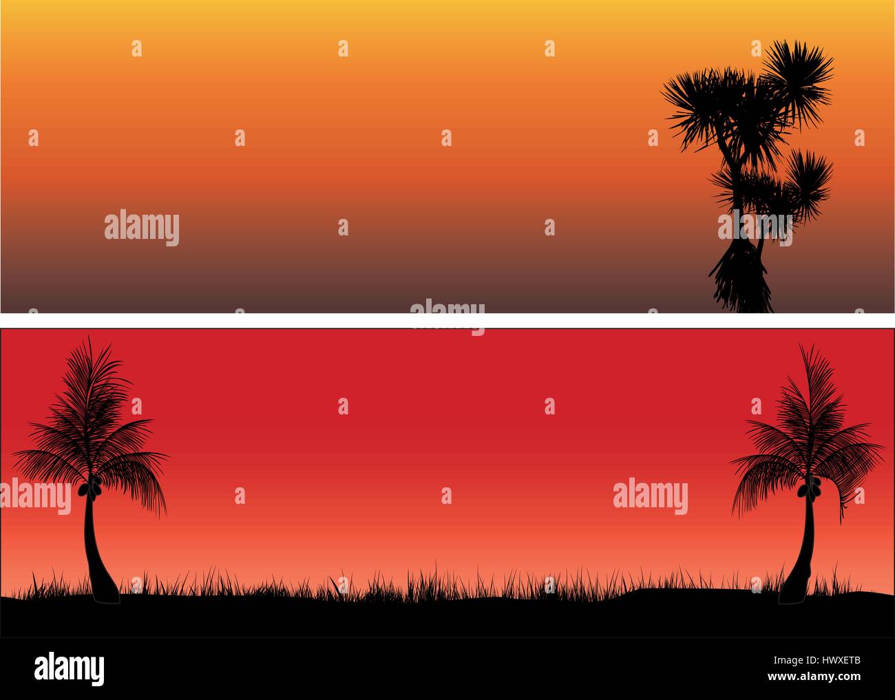 coconut trees and pandanas in the sunset Stock Vector