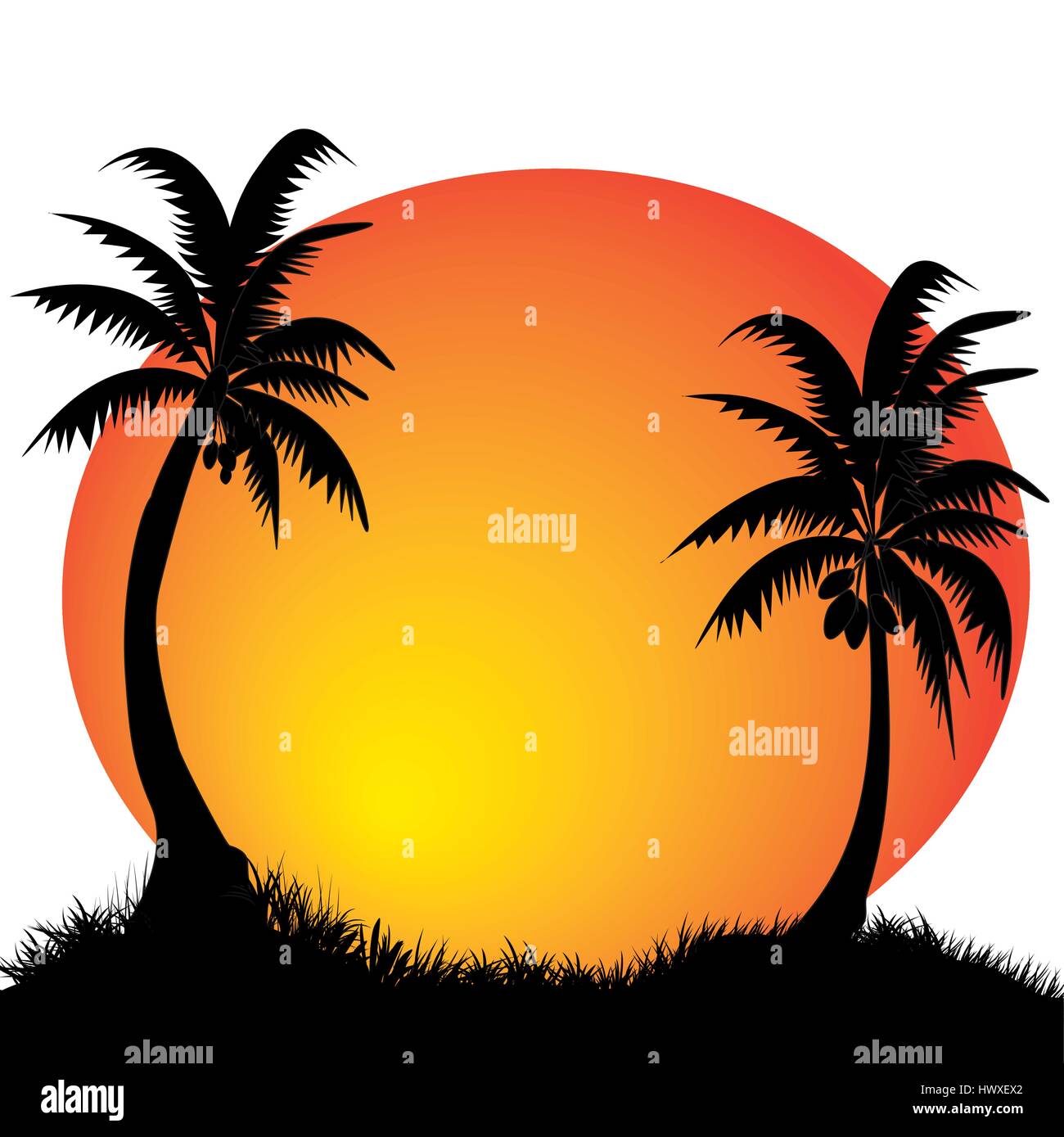 two coconut palm trees with the moon in the background Stock Vector