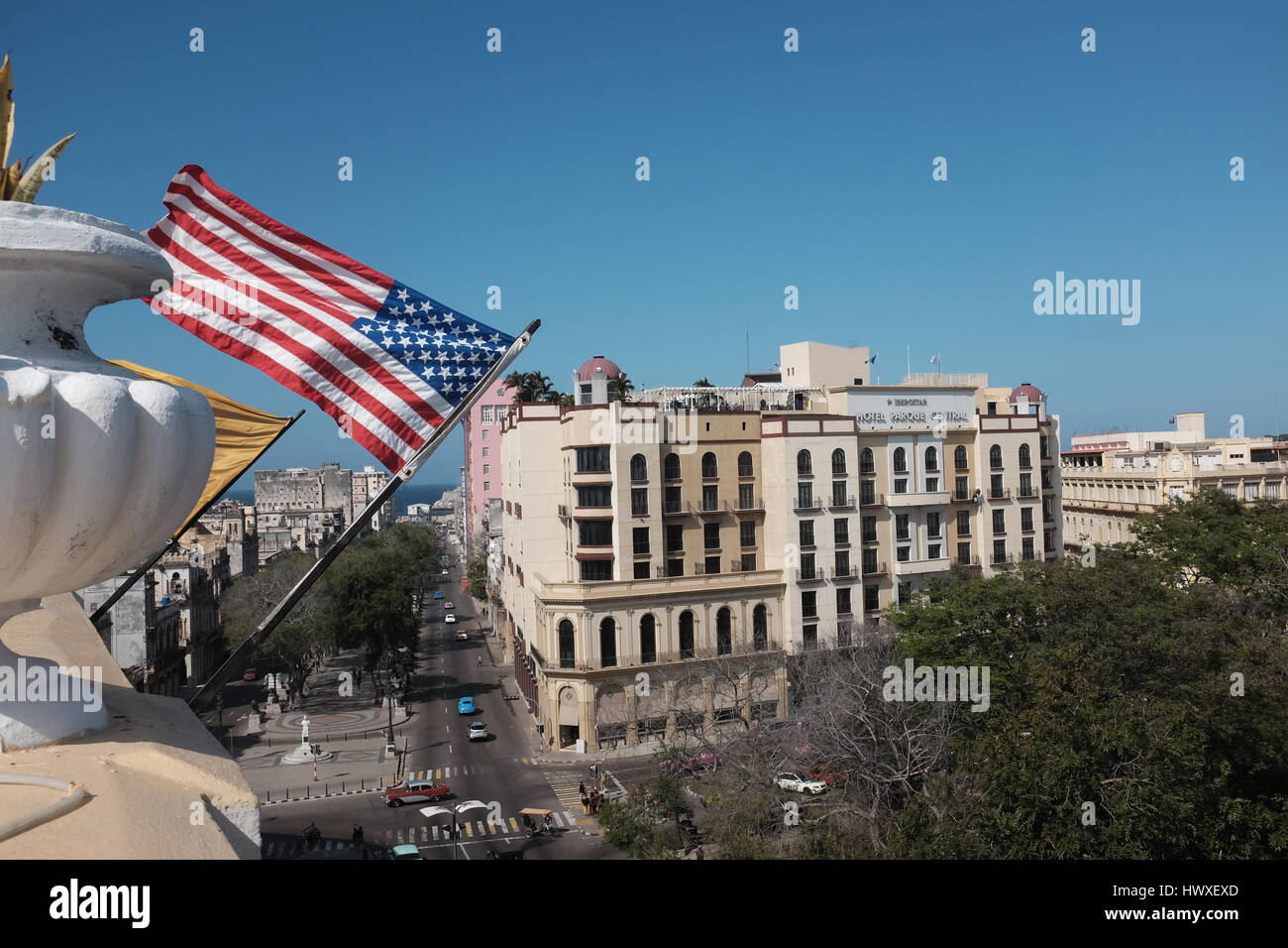 US flag on Hotel Inglaterra Havana Cuba 2017 Stock Photo