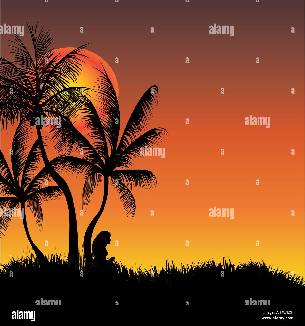 young lady under a coconut tree resting Stock Vector