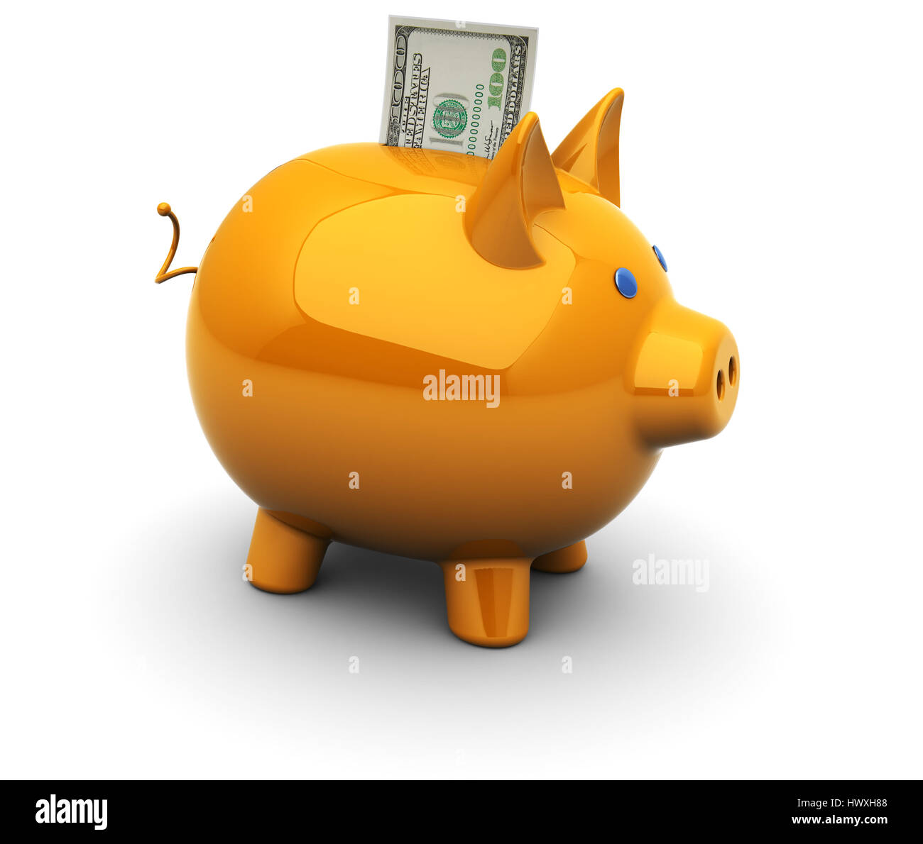 3d illustration of orange piggy bank with hundred dollars banknote inside Stock Photo