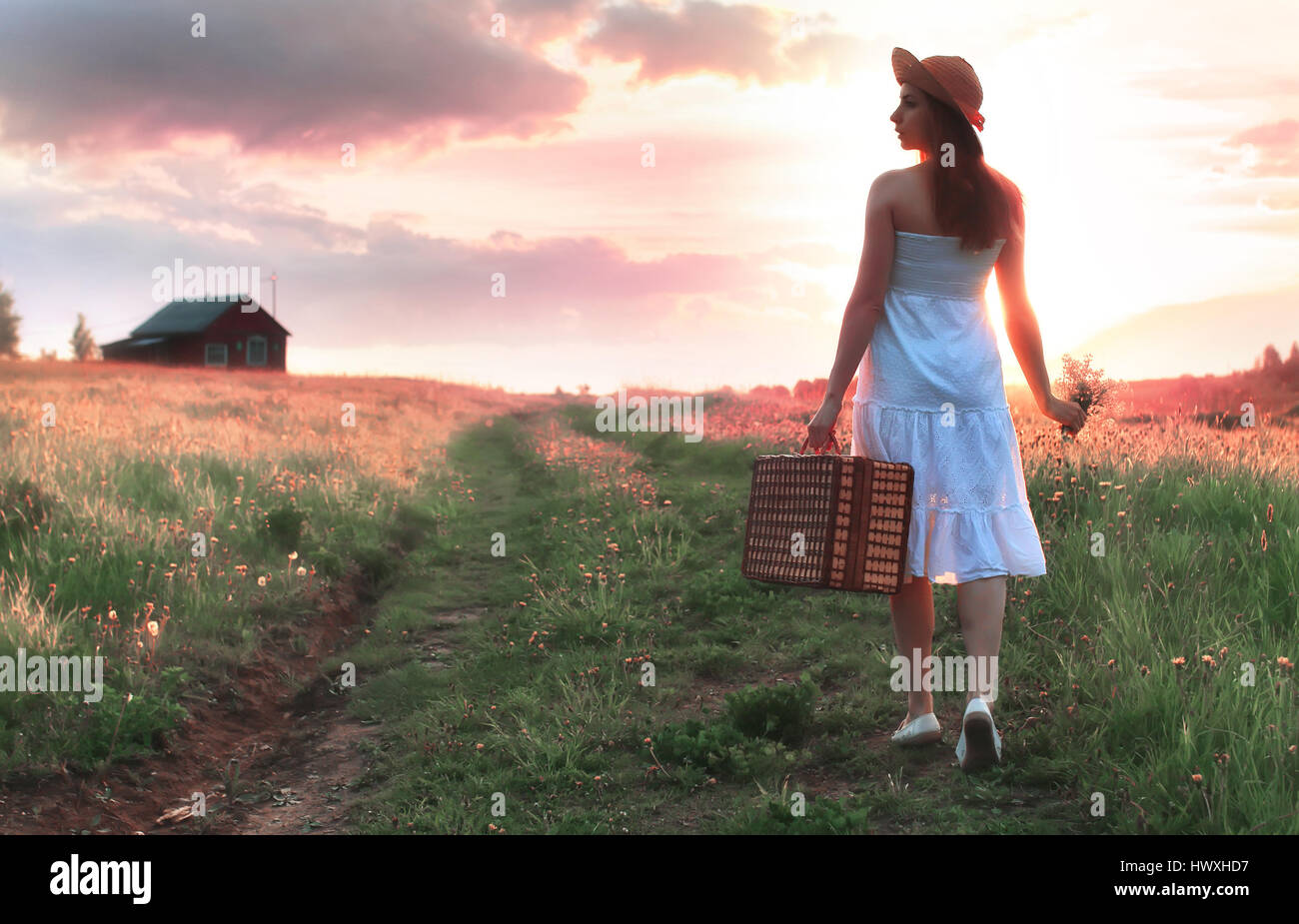 sunset summer girl in a field with flowers Stock Photo - Alamy