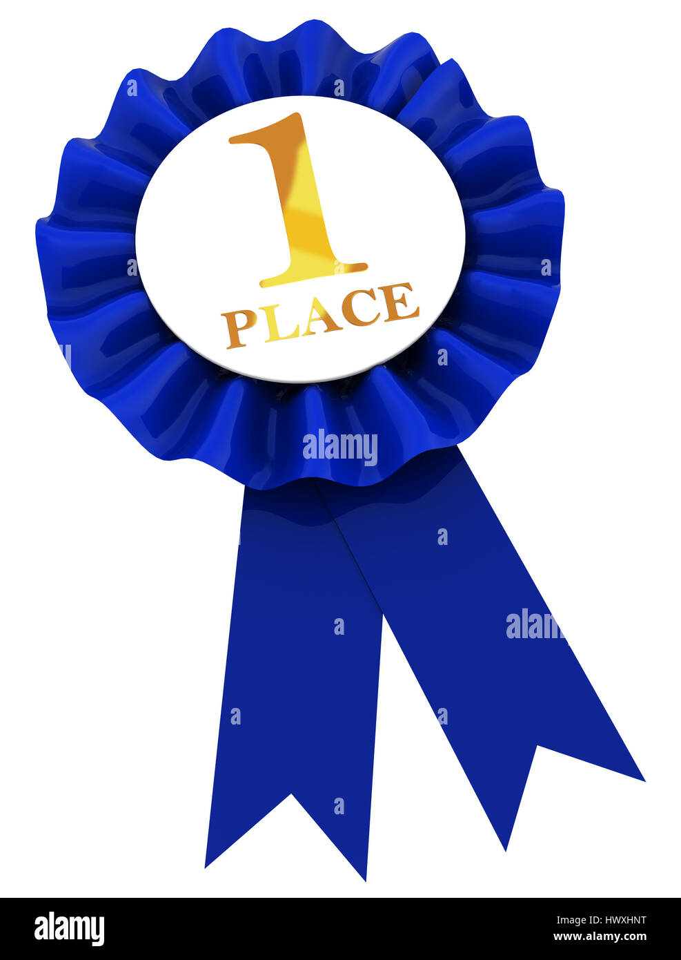 3d illustration of first place blue ribbon, isolated over white