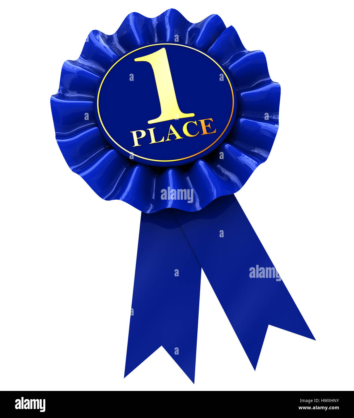 3d illustration of first place blue ribbon award, isolated over