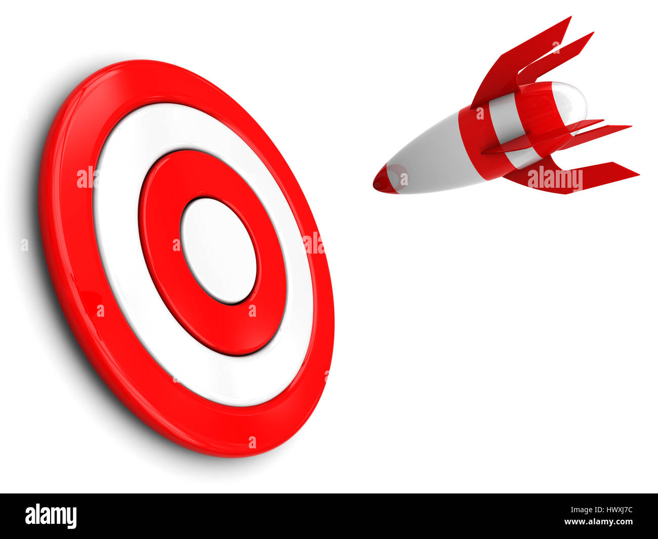 3d illustration of cartoon rocket flying to target Stock Photo