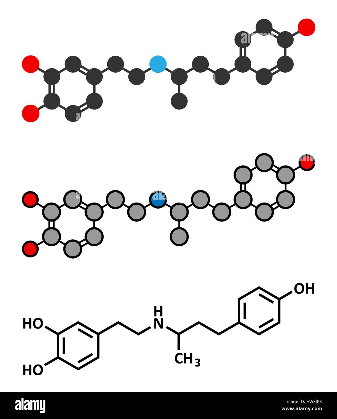Dobutamine sympathomimetic drug molecule. Conventional skeletal formula and stylized representations. Stock Vector