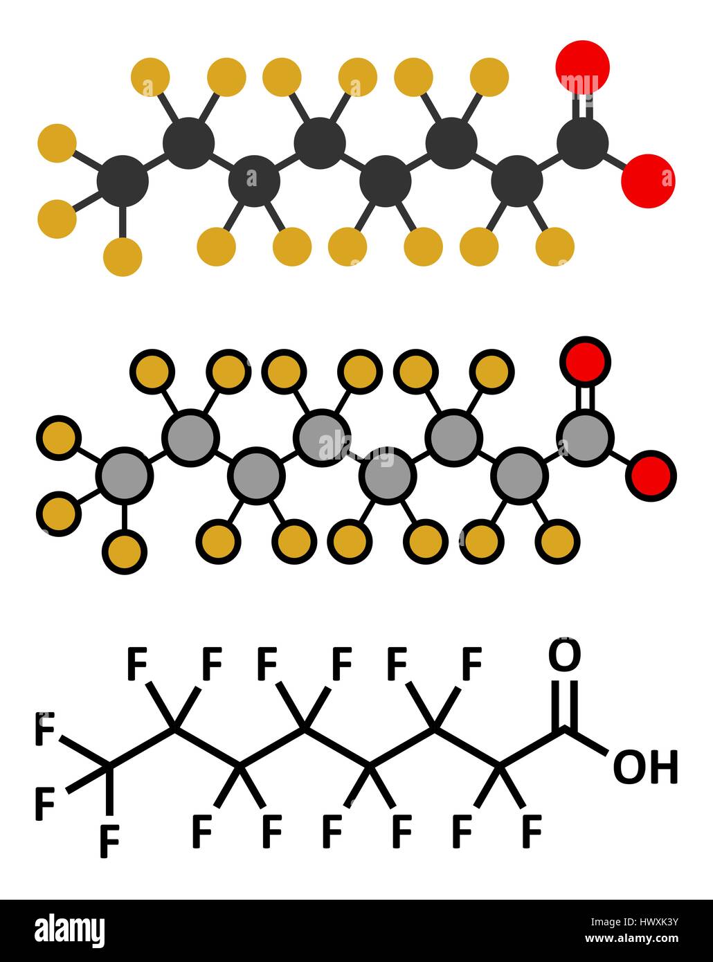 Perfluorooctanoic acid (PFOA, perfluorooctanoate) carcinogenic pollutant molecule. Stylized 2D renderings and conventional skeletal formula. Stock Vector