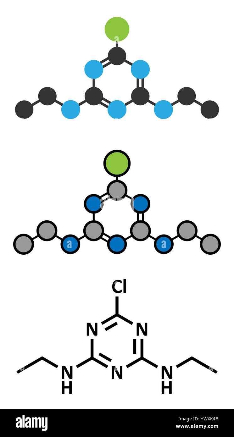 Simazine herbicide molecule. Stylized 2D renderings and conventional skeletal formula. Stock Vector