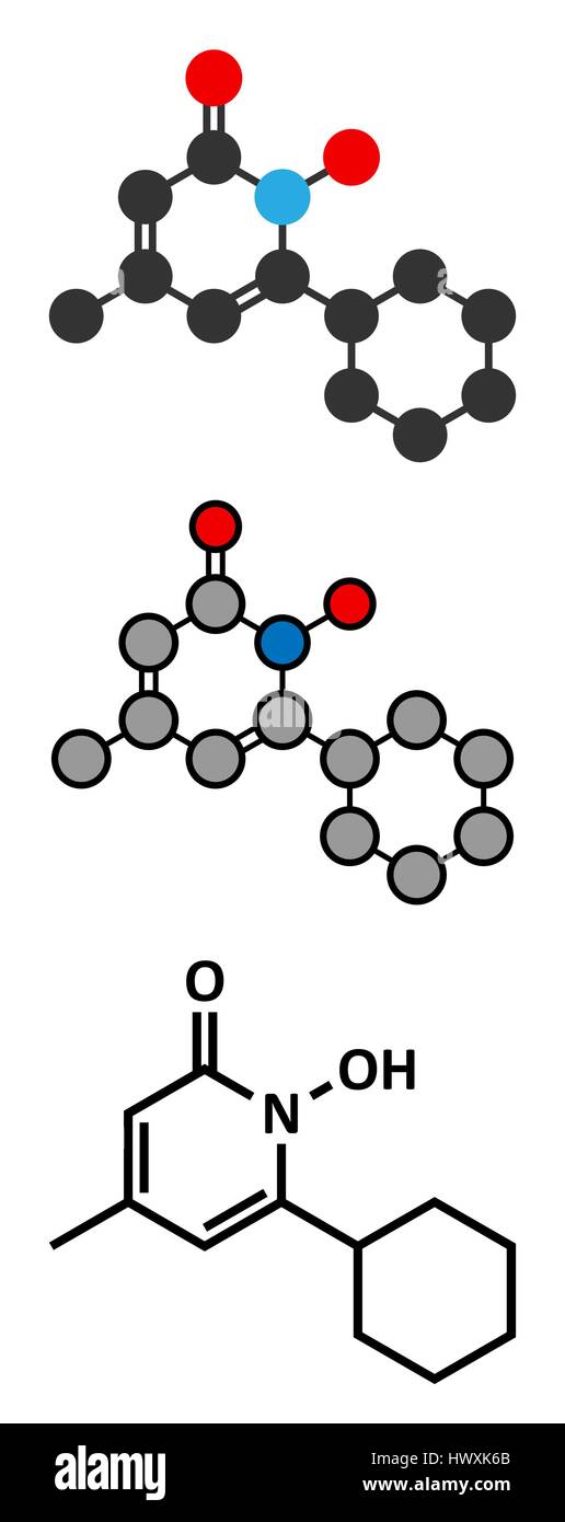 Ciclopirox antifungal drug molecule. Stylized 2D renderings and conventional skeletal formula. Stock Vector