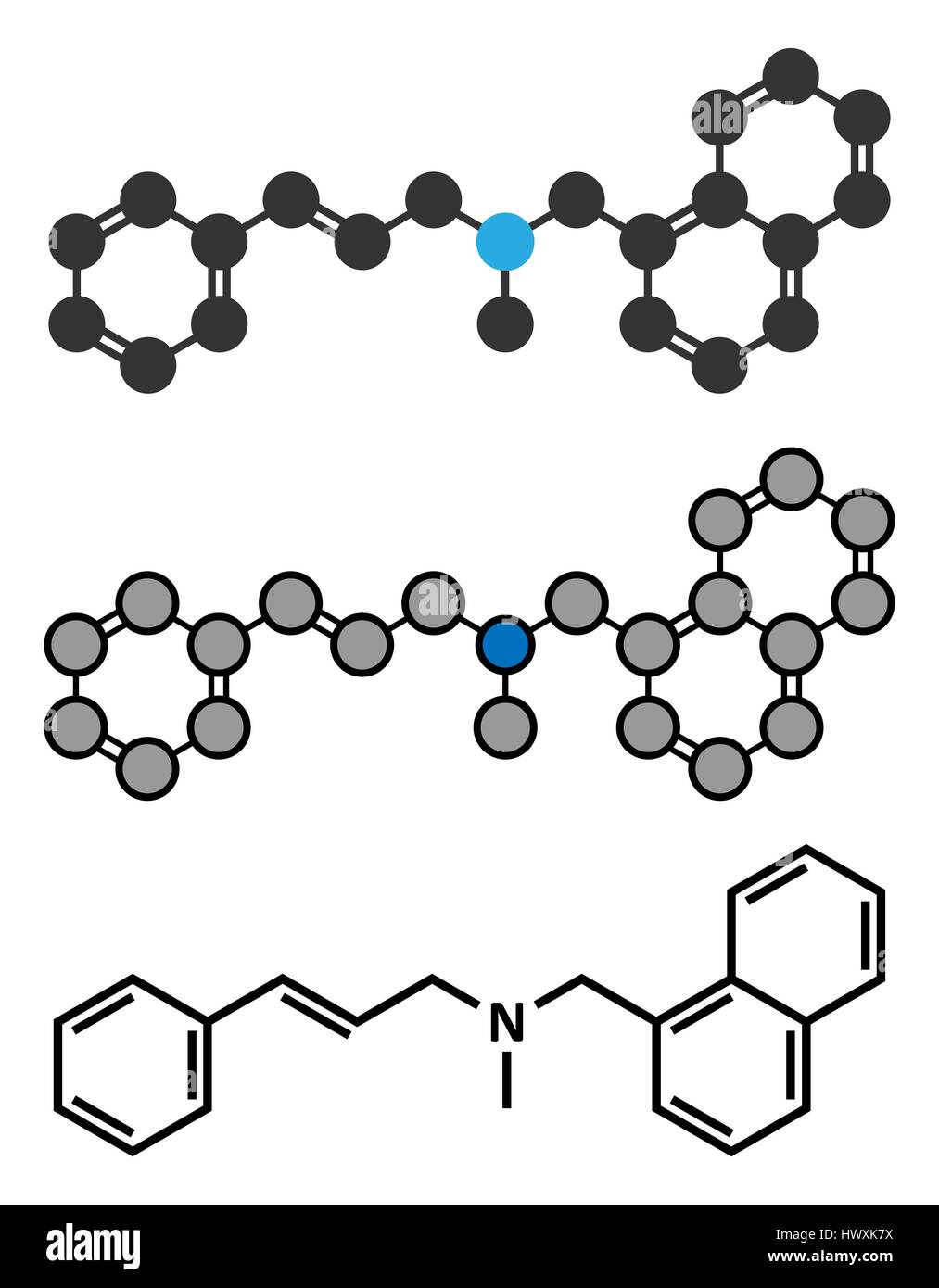 Naftifine antifungal drug molecule. Stylized 2D renderings and conventional skeletal formula. Stock Vector