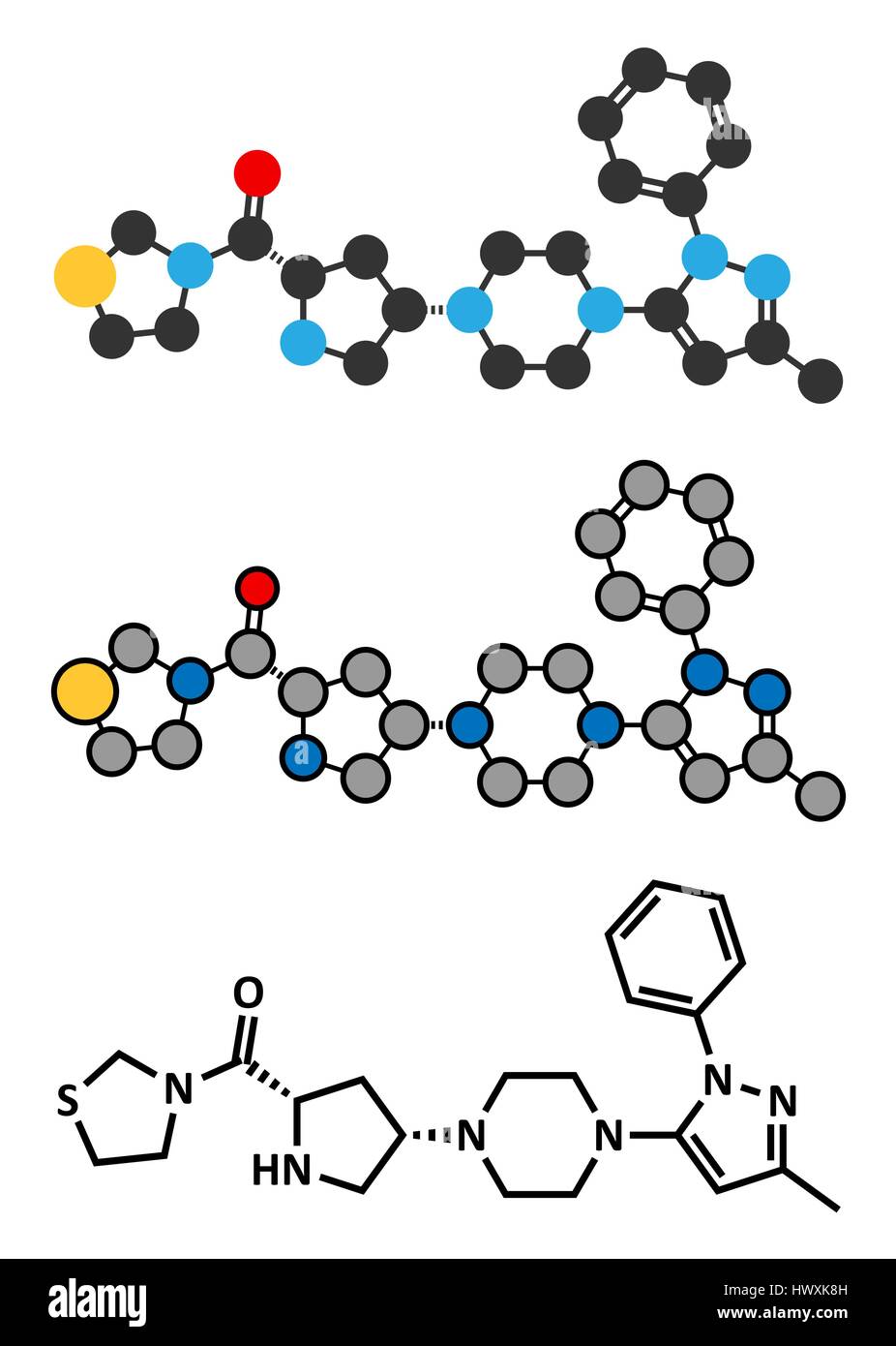 Teneligliptin diabetes drug molecule. Stylized 2D renderings and conventional skeletal formula. Stock Vector