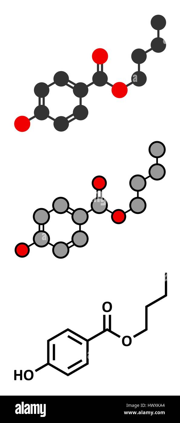 Butyl paraben (butylparaben, butyl 4-hydroxybenzoate) preservative molecule. Stylized 2D renderings and conventional skeletal formula. Stock Vector
