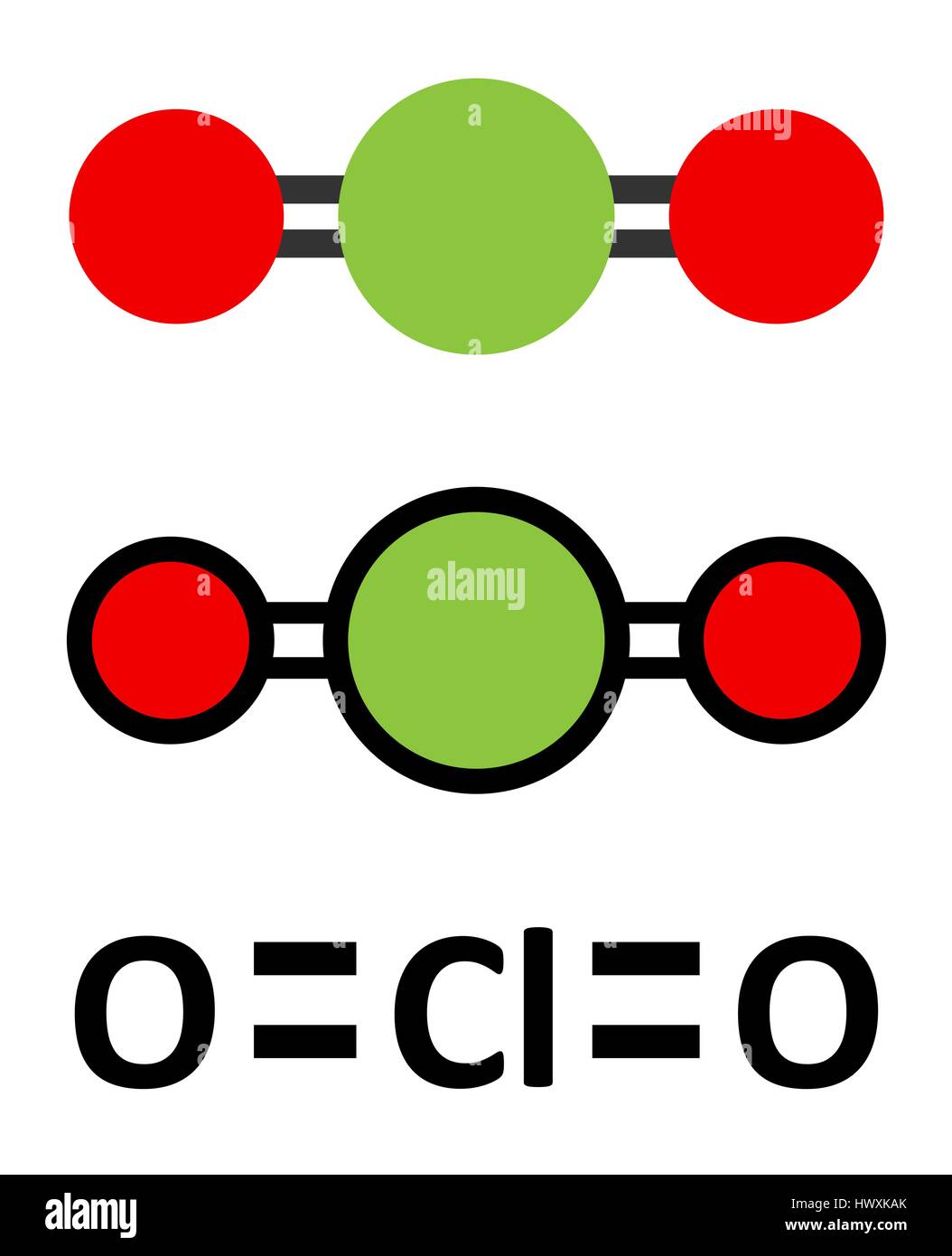 Chlorine dioxide (ClO2) molecule. Used in pulp bleaching and for