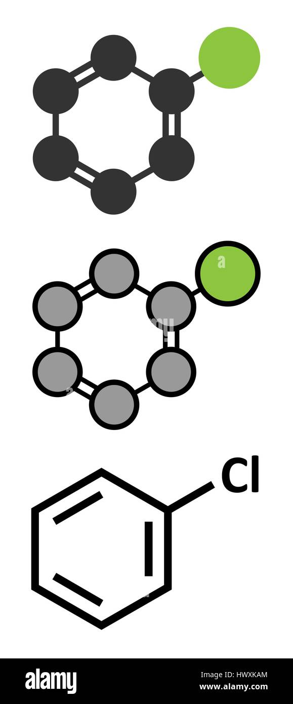 Chlorobenzene industrial solvent molecule. Stylized 2D renderings and conventional skeletal formula. Stock Vector