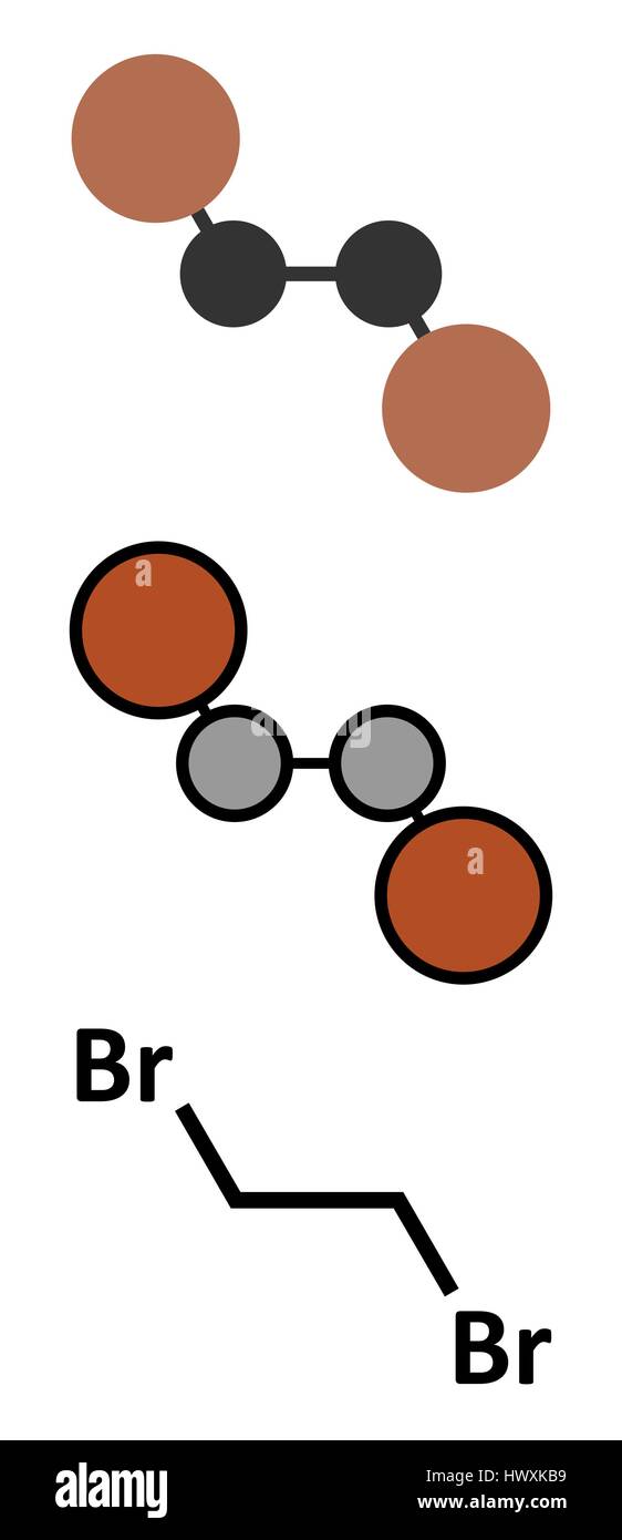 Ethylene dibromide (EDB, 1,2-dibromoethane) fumigant molecule. Stylized 2D renderings and conventional skeletal formula. Stock Vector