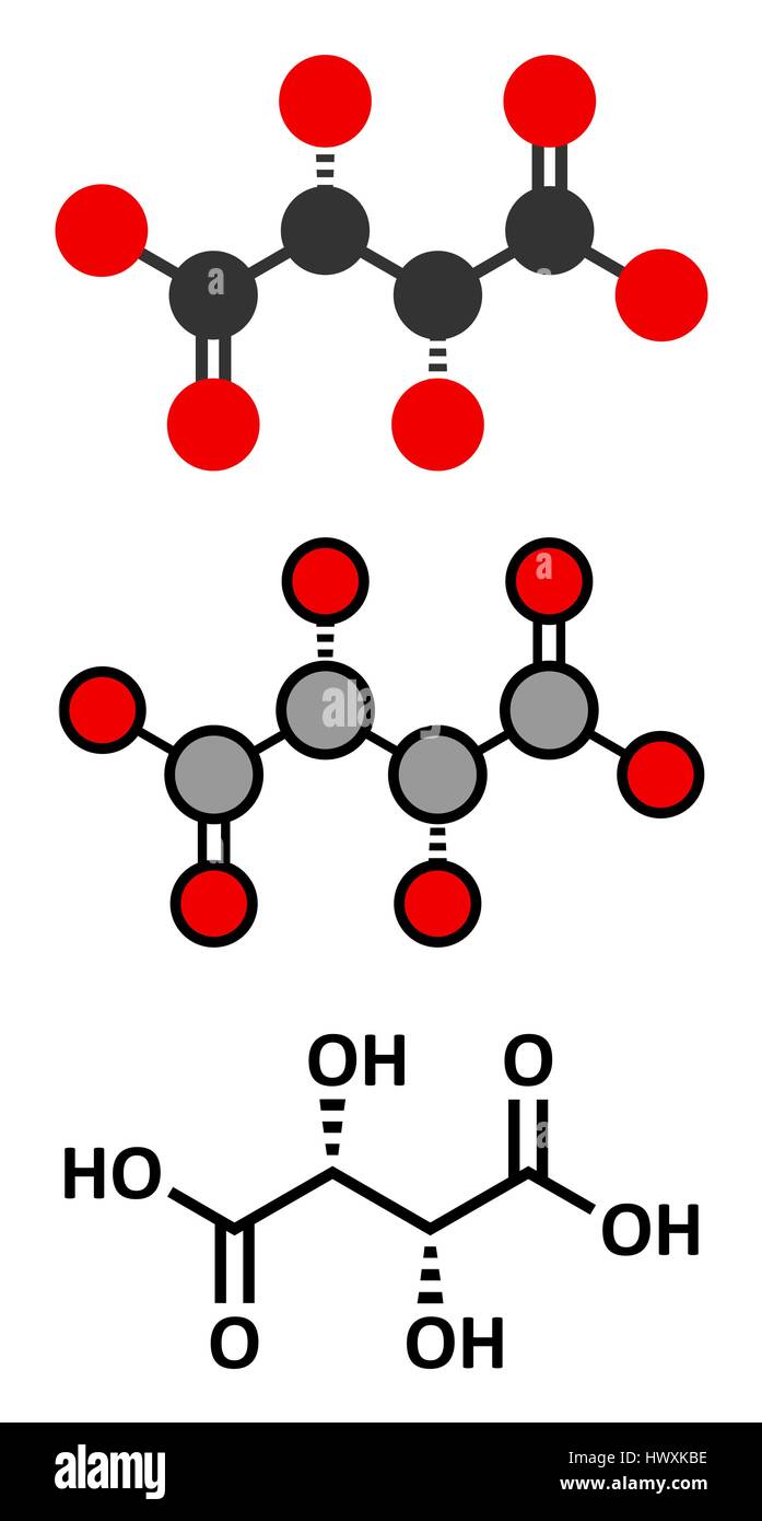 Tartaric acid (dextrotartaric acid) molecule. Acid present in wine, added as oxidant additive E334 to food. Stylized 2D renderings and conventional sk Stock Vector